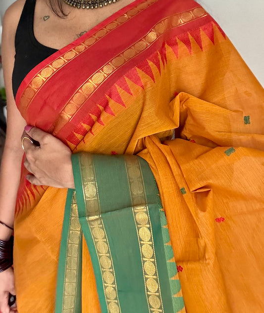 Kanchi cotton saree, orange with red and green dual border - YCCOTNAP100
