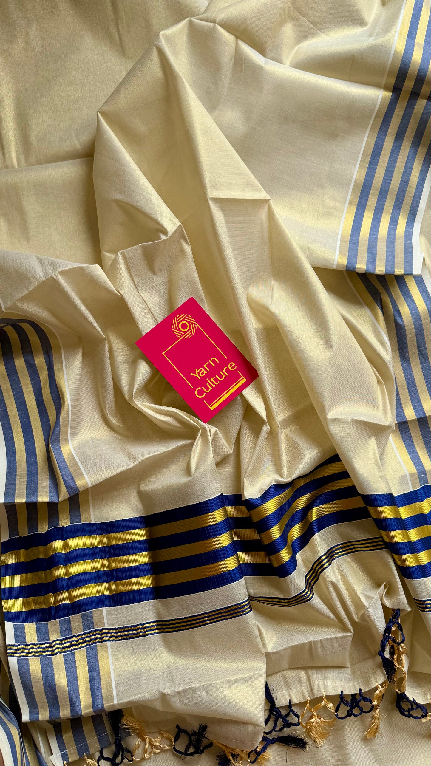 Ivory and gold soft tissue cotton saree, royal blue border - YCIEON66