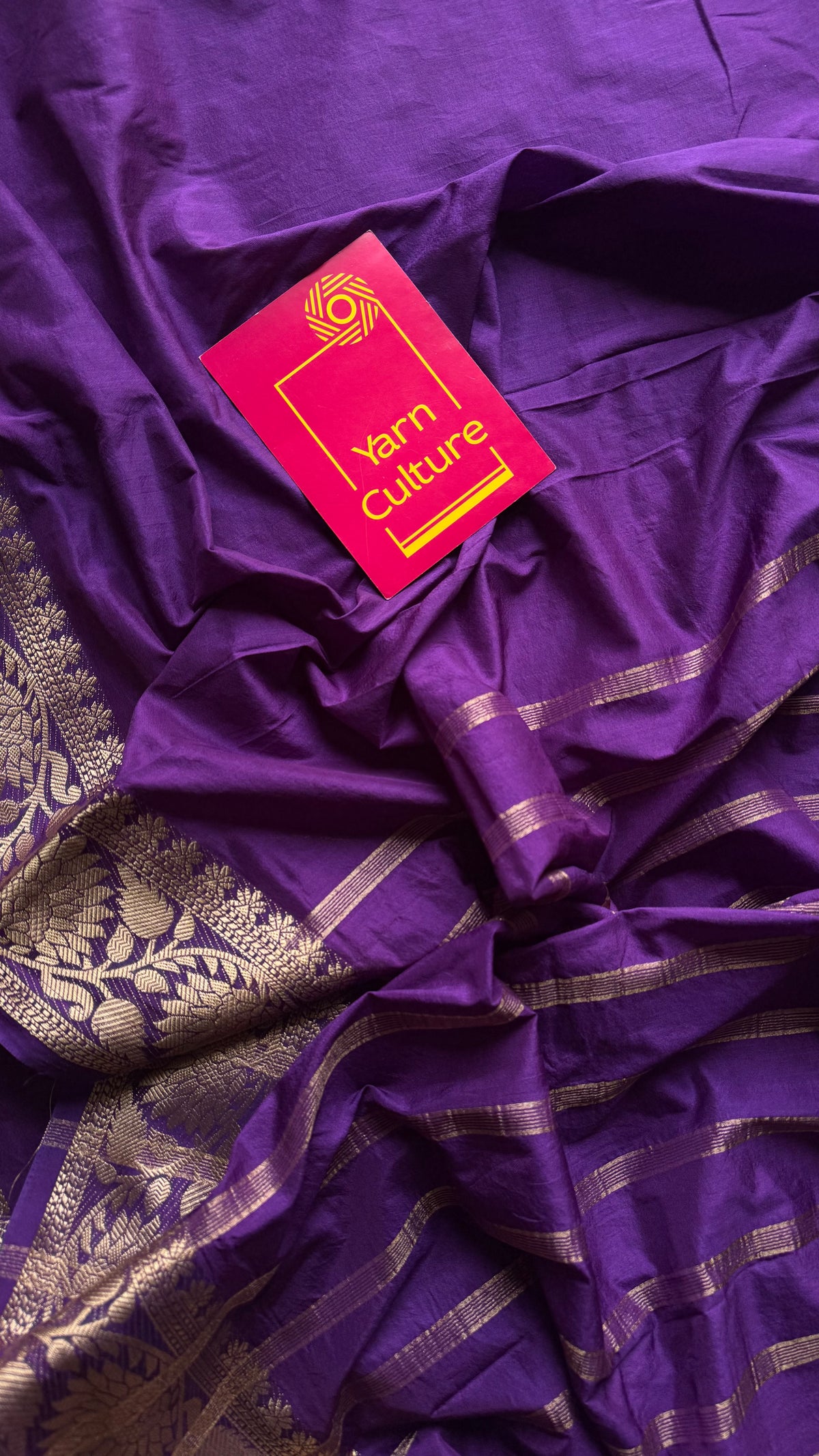Purple, semi crepe silk saree with antique gold floral border - YCLOKOC59