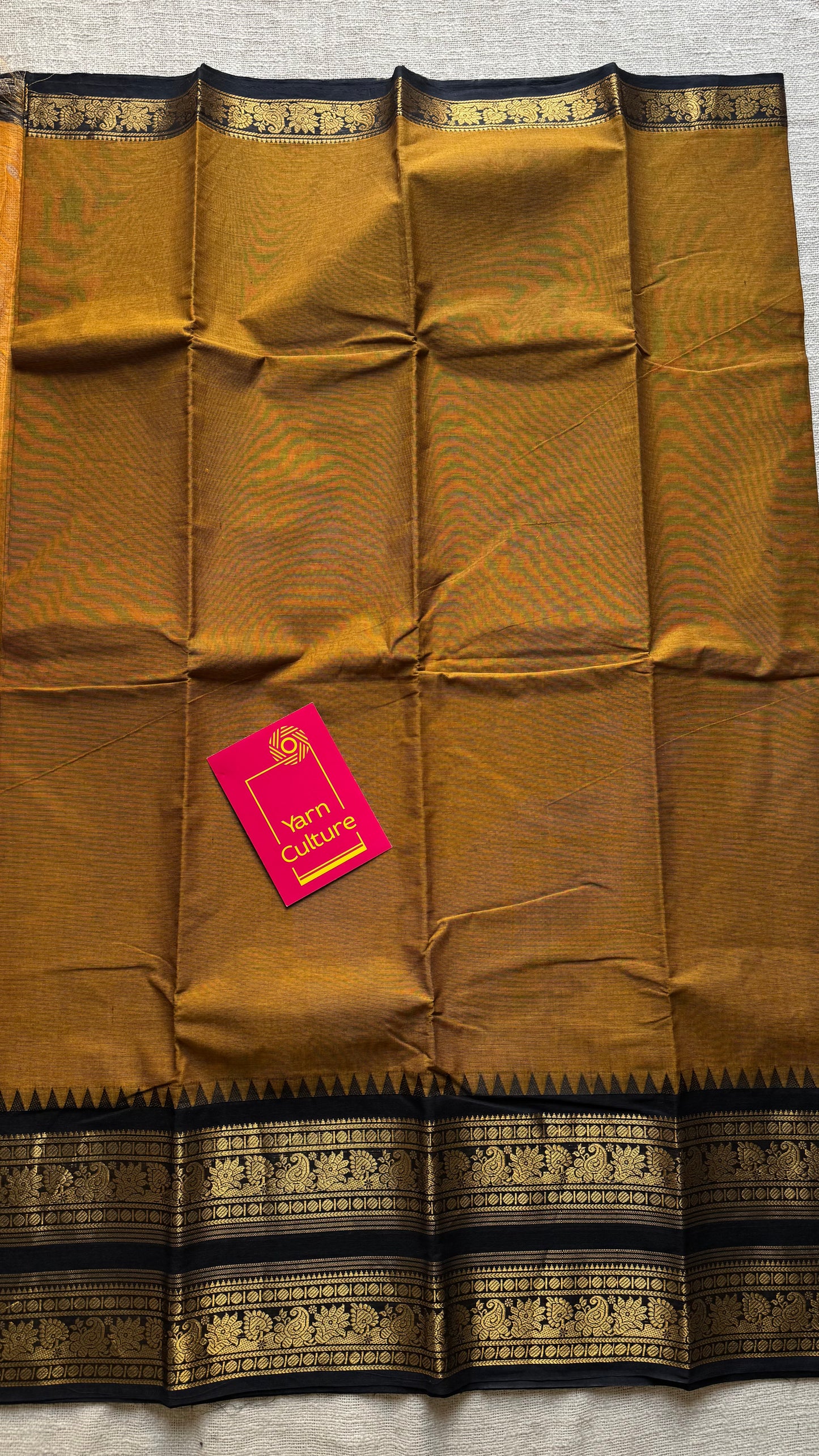 Mustard yellow with black, wide zari border, kanchi cotton - YCCOTNKCJA212