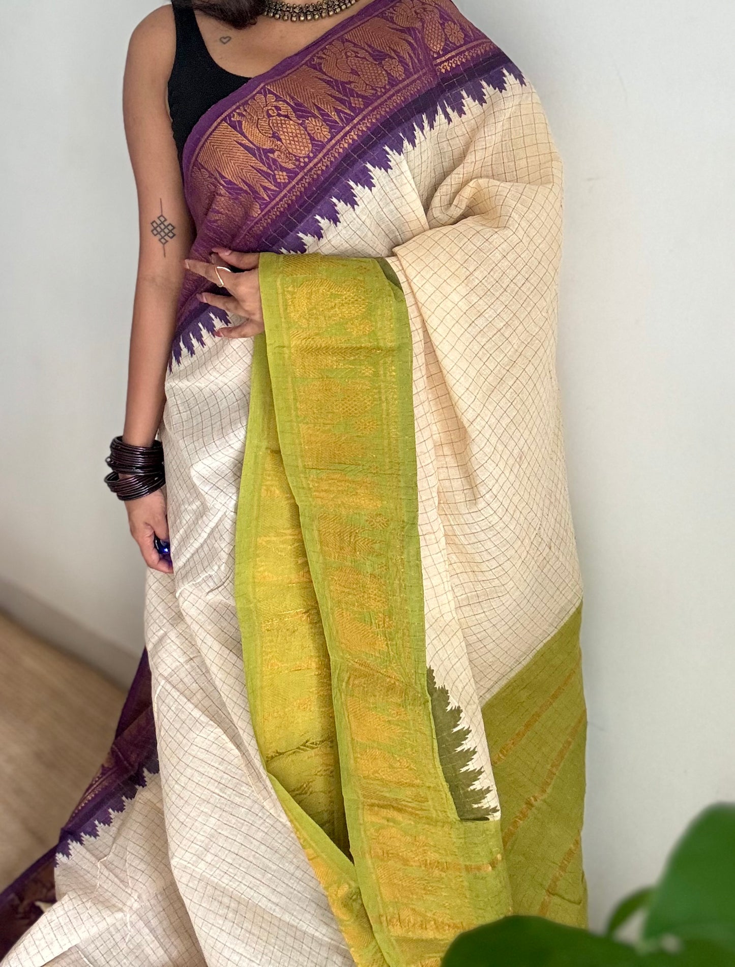 Sungudi cotton checks, ivory gold base, purple and lime green dual tone border, soft cotton - YCCOTNMSJUL08