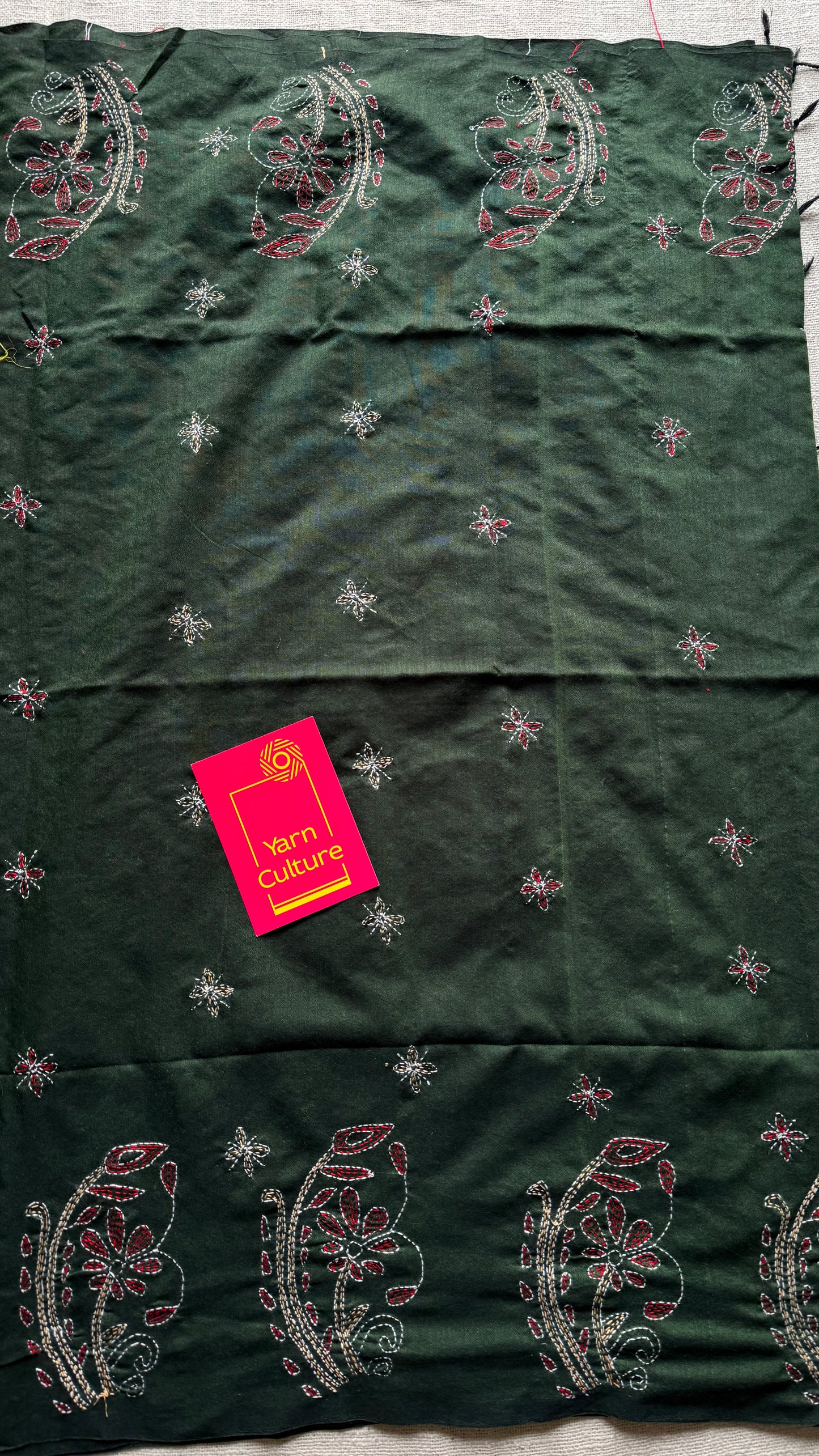 Embroidered green kantha weave in soft cotton - YCBCKKJA145