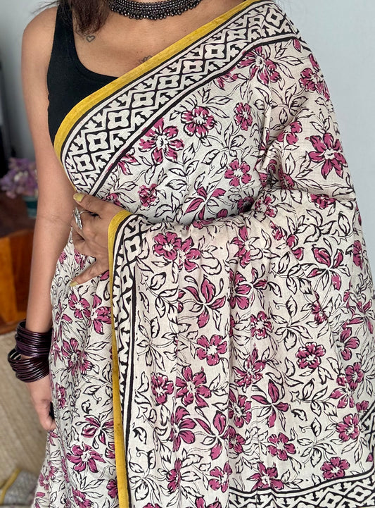 Beige with pink flowers, yellow border, block printed soft cotton saree - YCTORCMA12