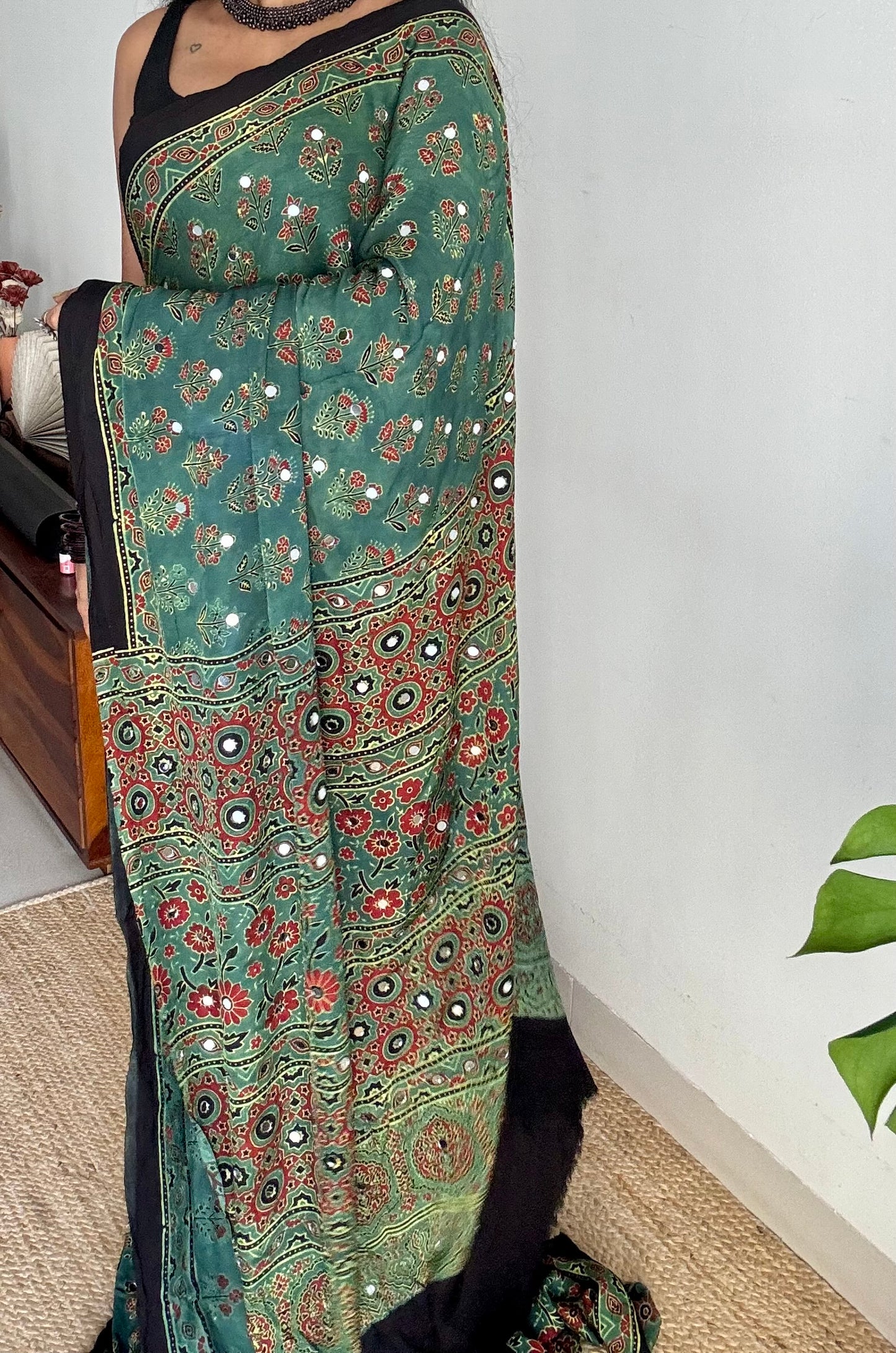Jade green pure modal silk saree with ajrakh handblock print and mirror work - YCTOKAJM340
