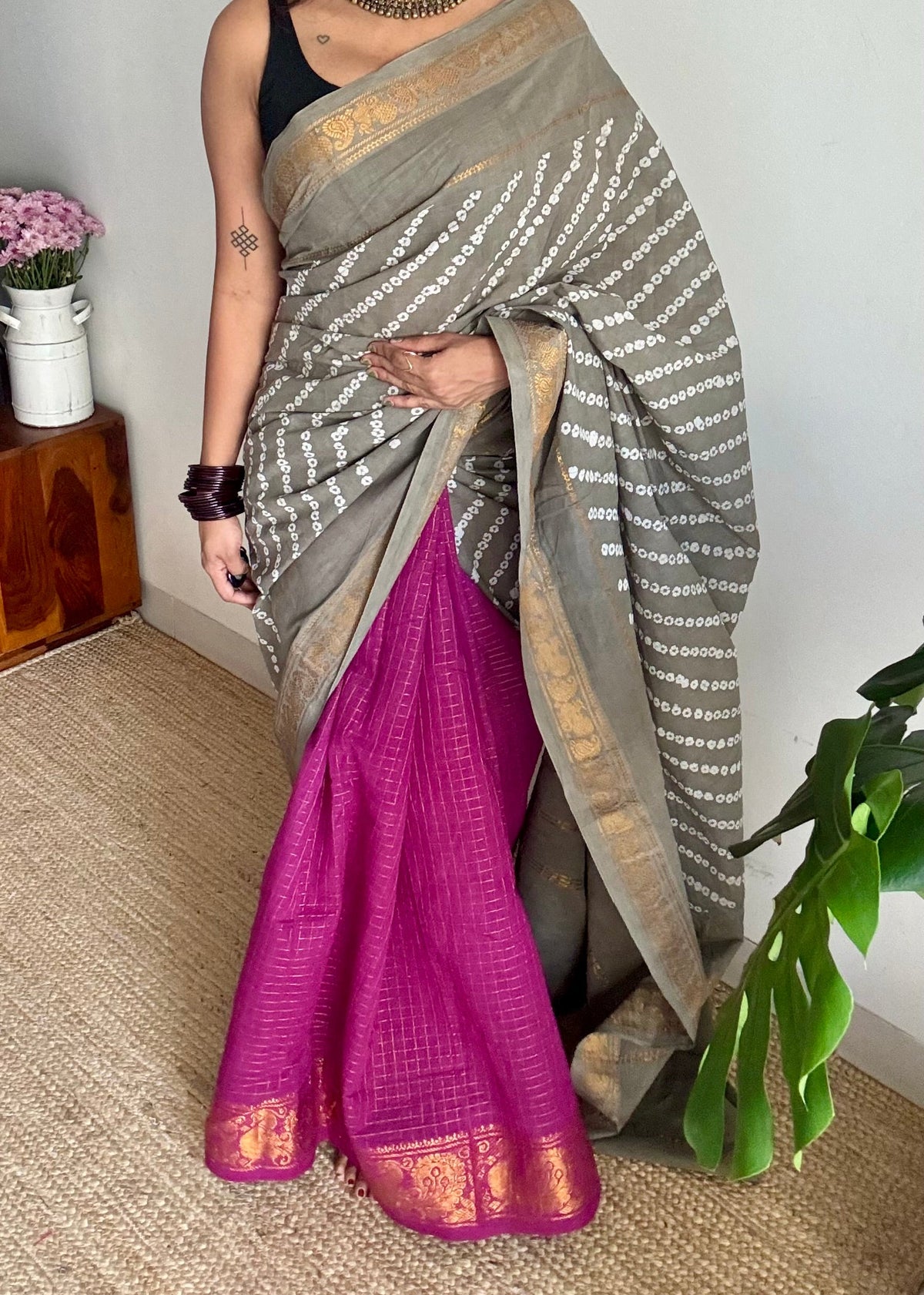 Grey with purple pink (vadamalli), cotton half and half saree - YCCOTNIDOC144