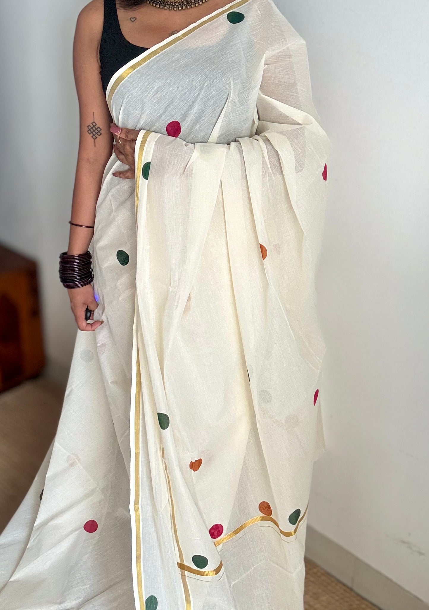 Ivory and gold soft cotton thin border kasavu saree, dark pink, mustard and green polka - YCIEON75