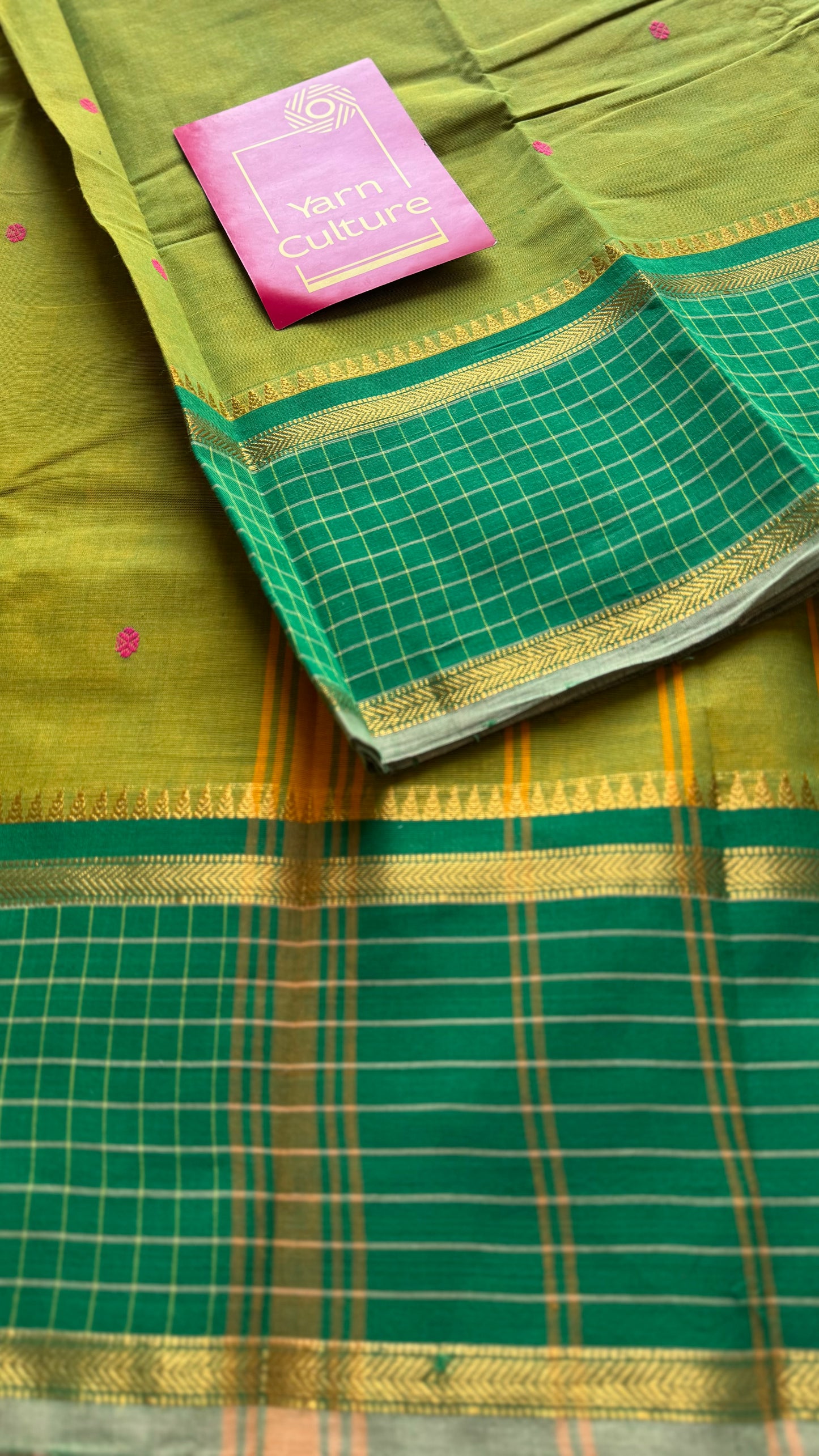 Light green and dark green contrast, Chettinad cotton saree with checkered border - YCCOTNMA274