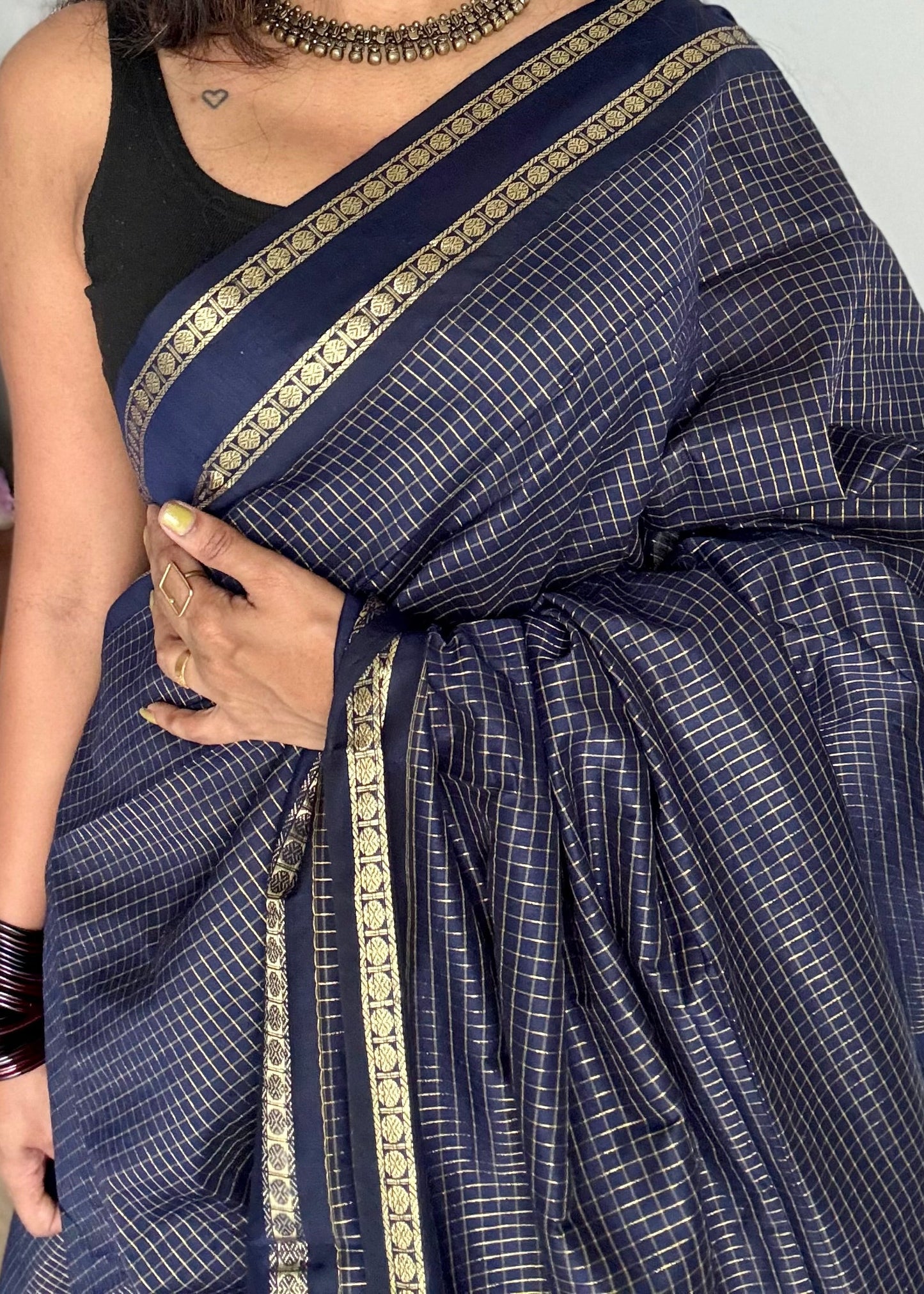 Midnight blue, arani zari checks saree, cotton silk - YCCOTNARFE48