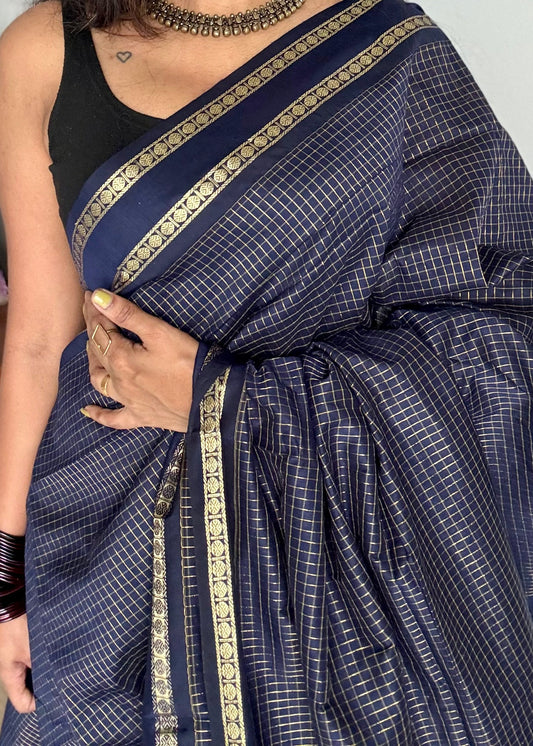Midnight blue, arani zari checks saree, cotton silk - YCCOTNARFE48
