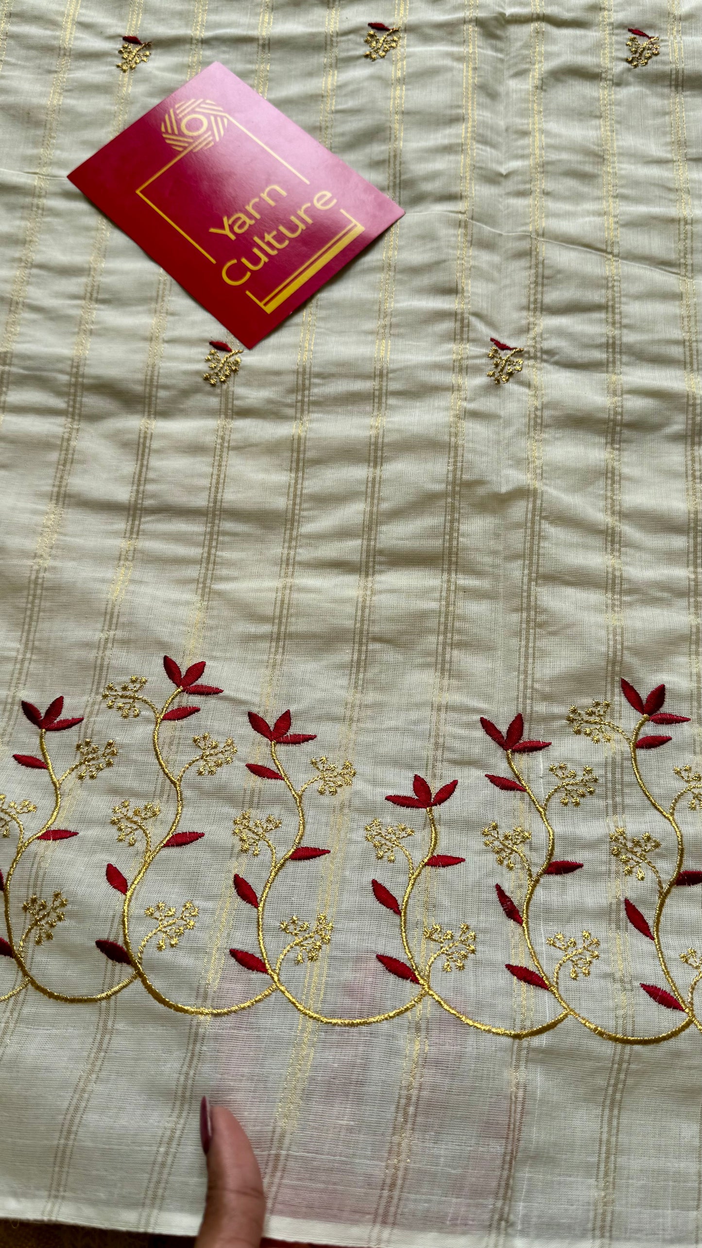 Ivory and gold soft cotton saree, maroon floral vine embroidery  - YCIEON58