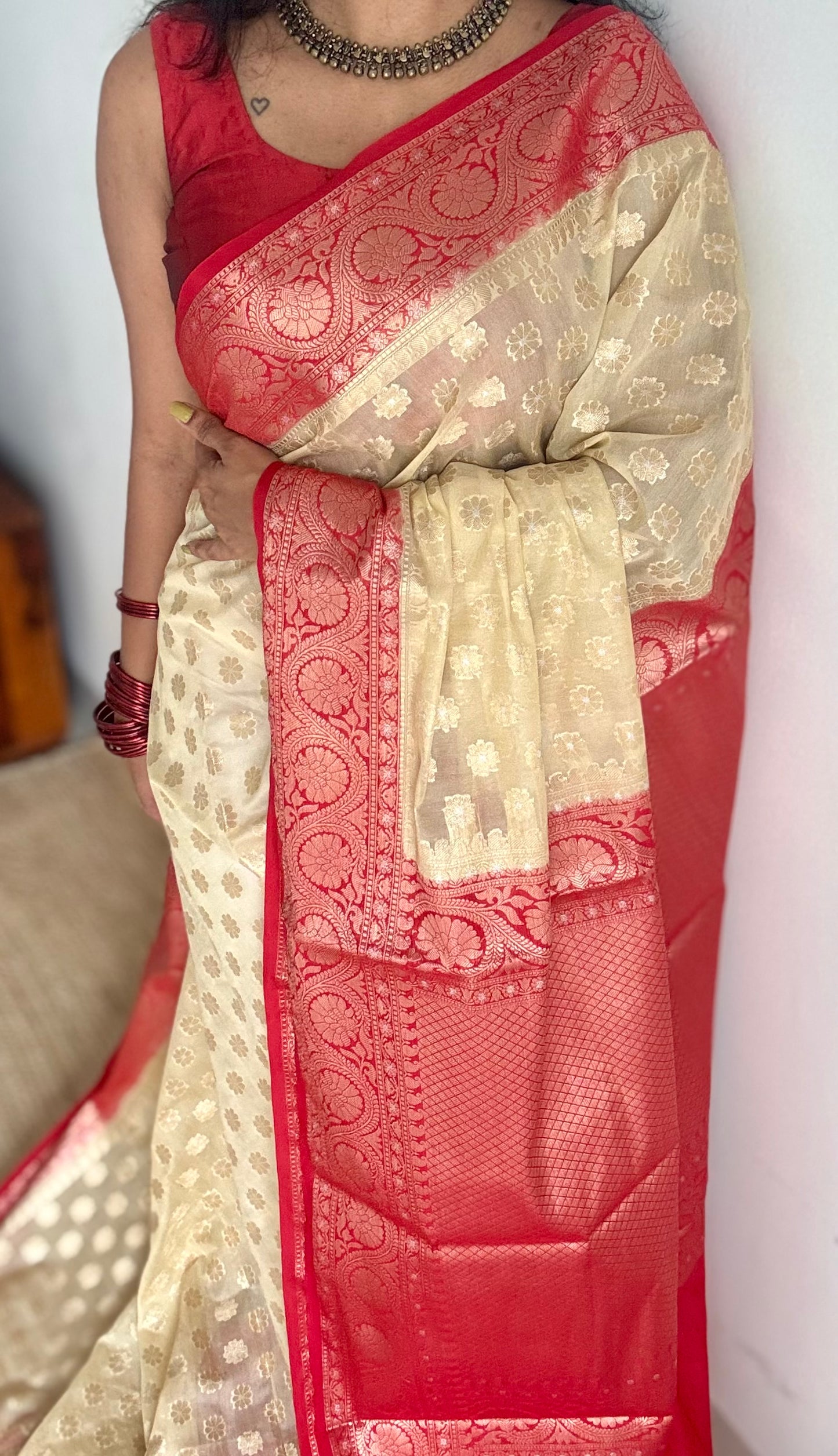 Cream with red contrast borders, banarasi semi georgette - YCBCDP19