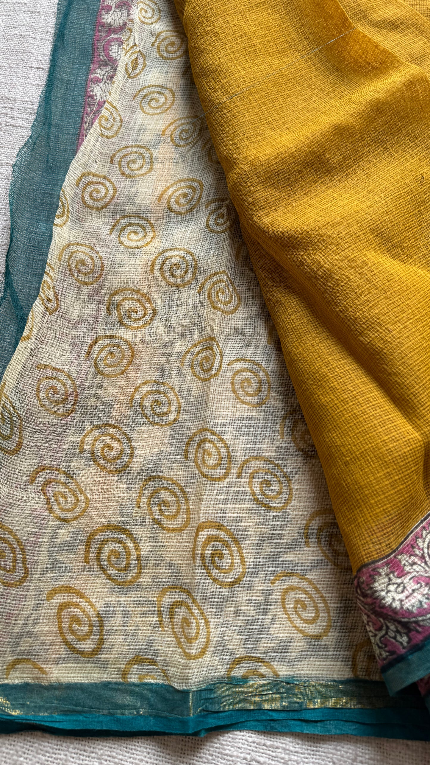 Haldi Pop - Mustard yellow kota doria saree, with gold zari border - YCTORKDAP07