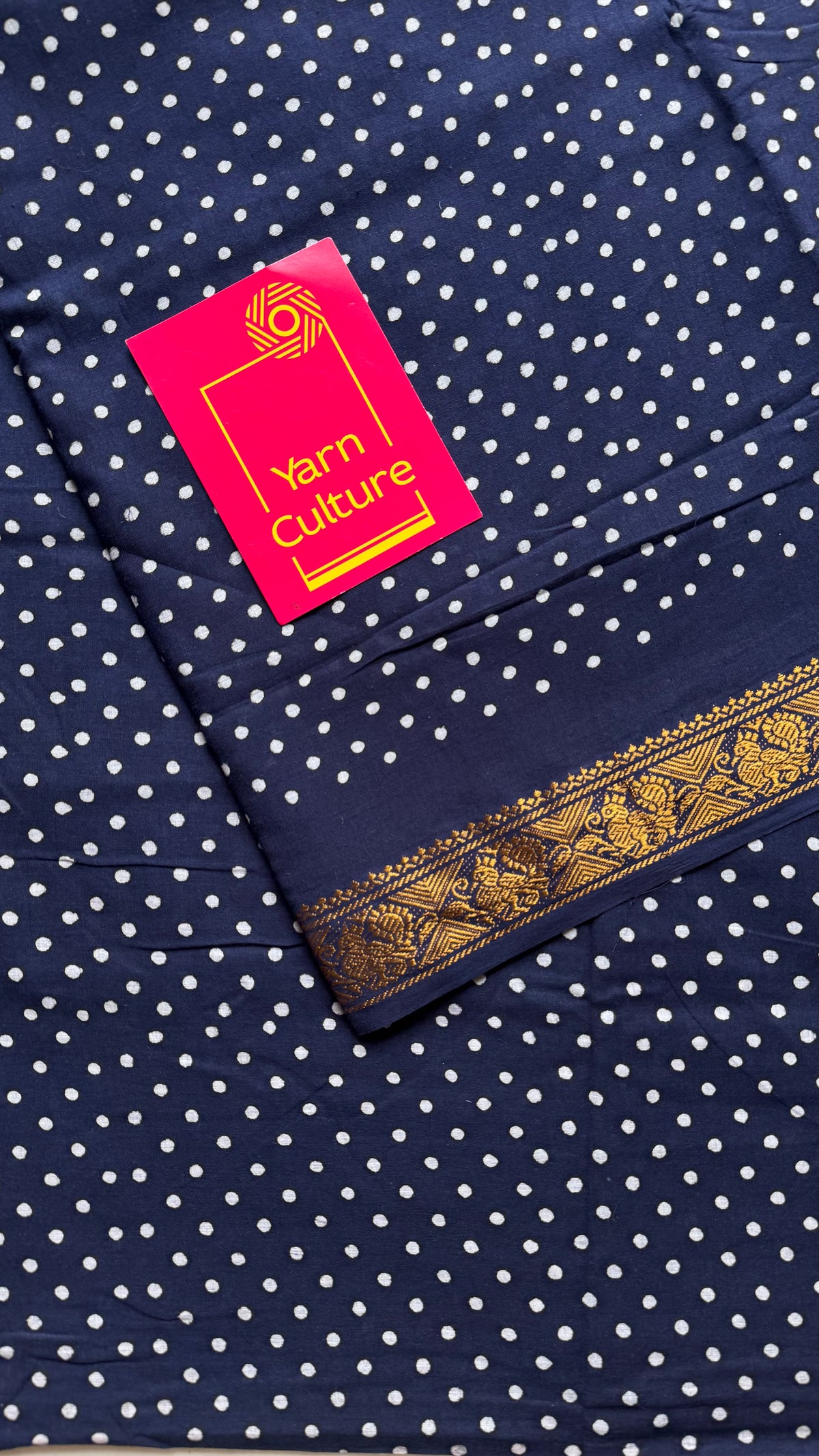 Dark blue sungudi dotted, single-side border, kattuchayam dyed madurai cotton saree - YCCOTNMSSE02