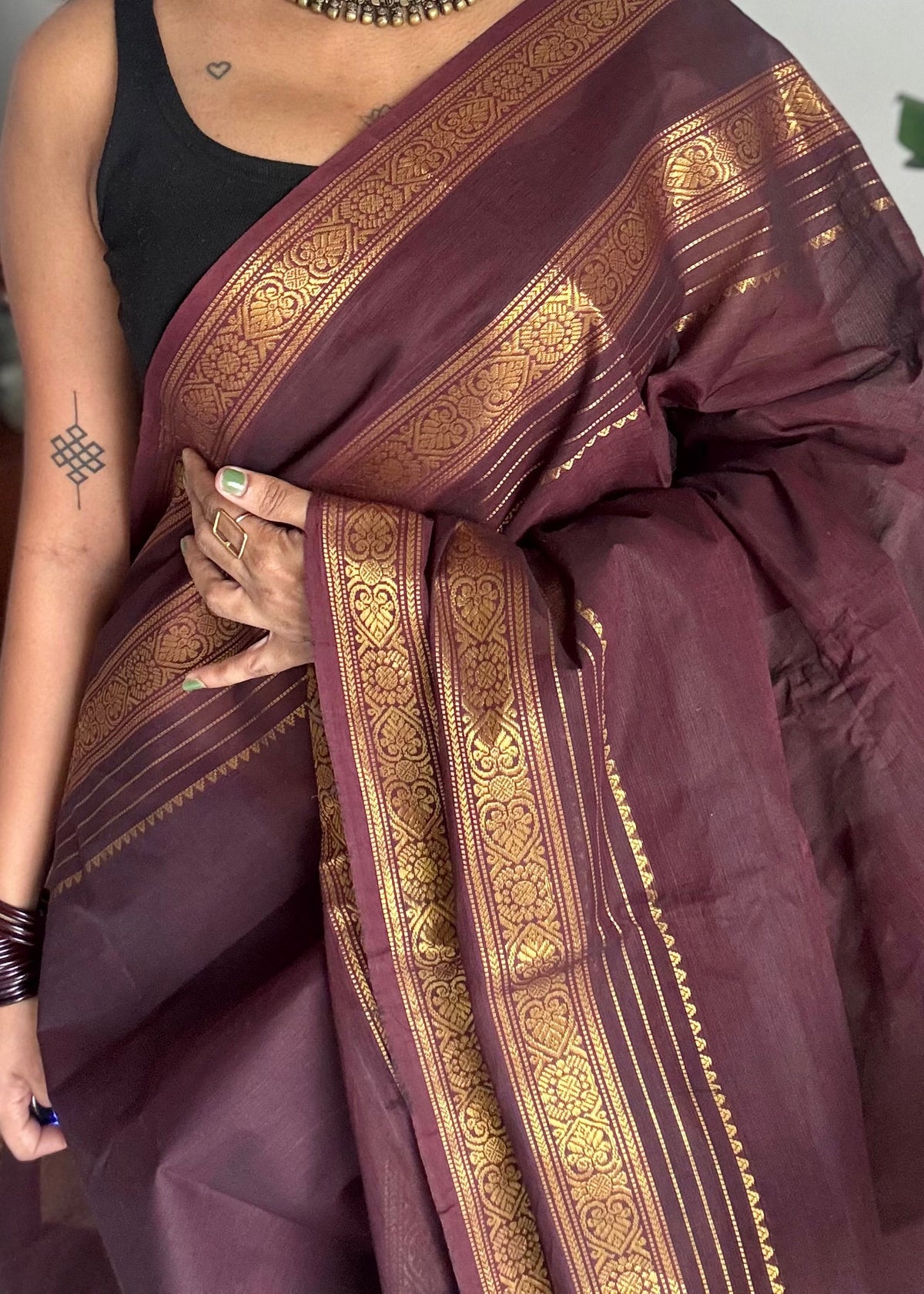 Purple brown with gap zari border, kanchi cotton saree - YCCOTNCCOC121