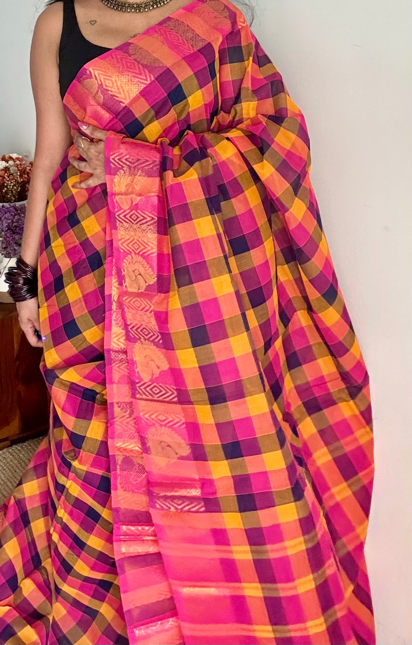 Multicolour Chettinad cotton saree with paalum pazhamum checks (hot pink, yellow, navy, orange) - YCCOTNMA281