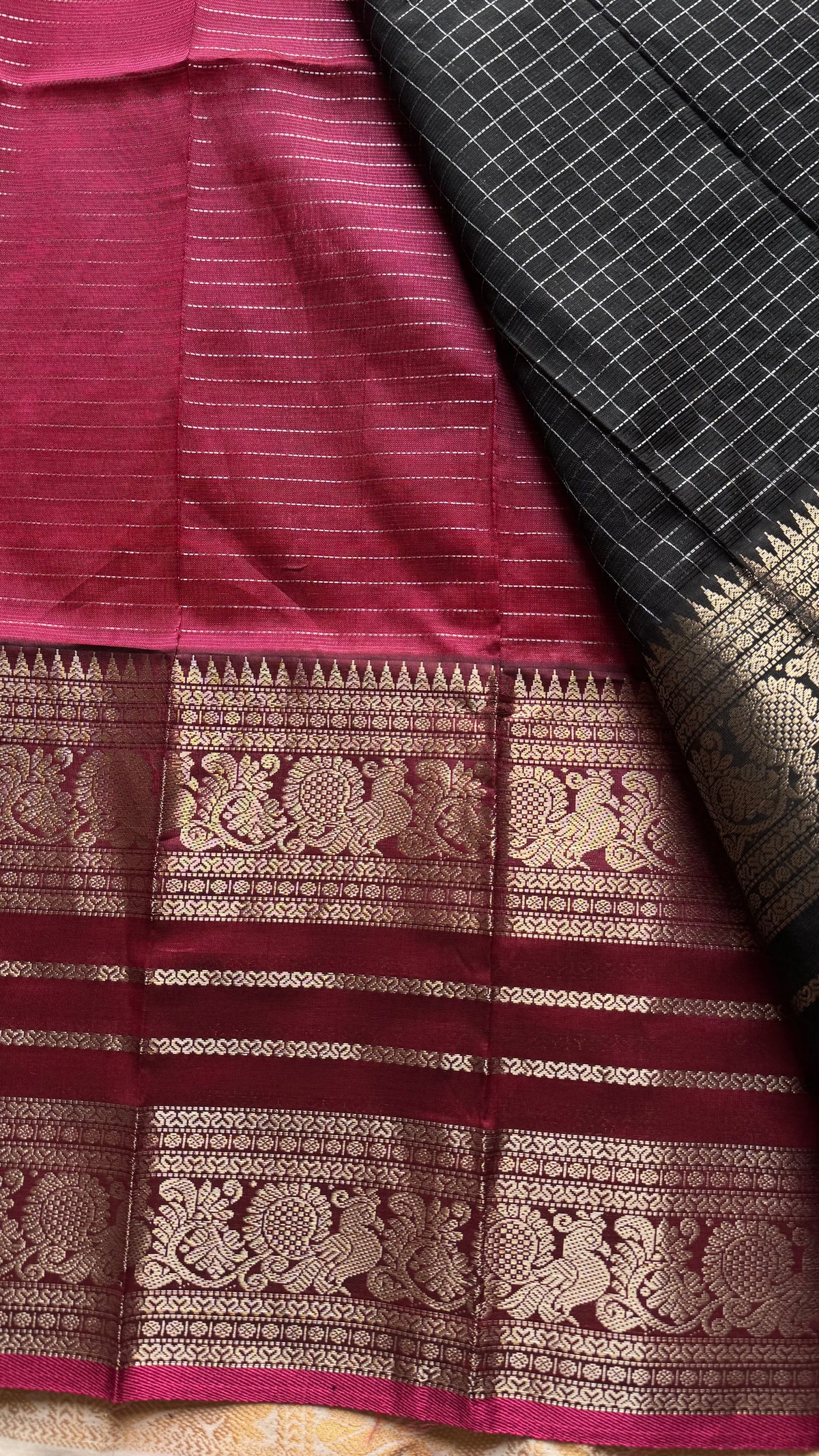 Black with dark pink silver zari checks, silver and gold peacock woven zari border, mangalgiri silk cotton, handwoven, soft, light weight - YCWOTDMSCOC123