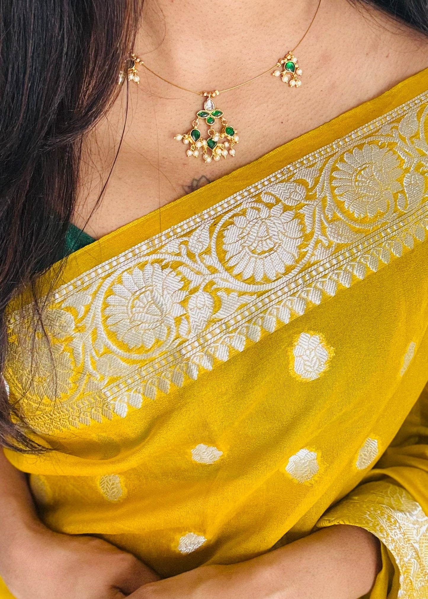 Invisible neckchain with jadau kundan stones & pearl hangings - green, white - YCGPNP694
