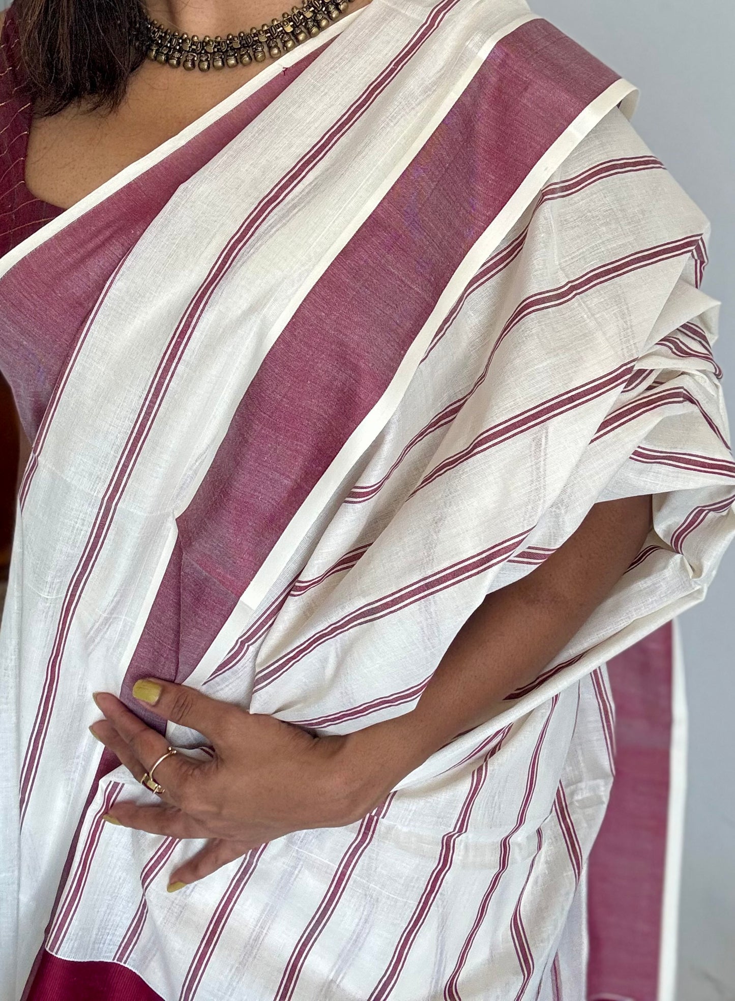 Ivory Kerala cotton saree with maroon stripes and border - YCIEKCFE324
