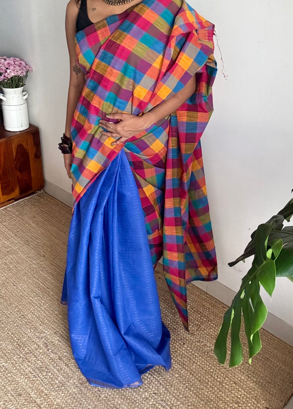 Blue with multicoloured madras checks, cotton half and half saree - YCCOTNIDOC160