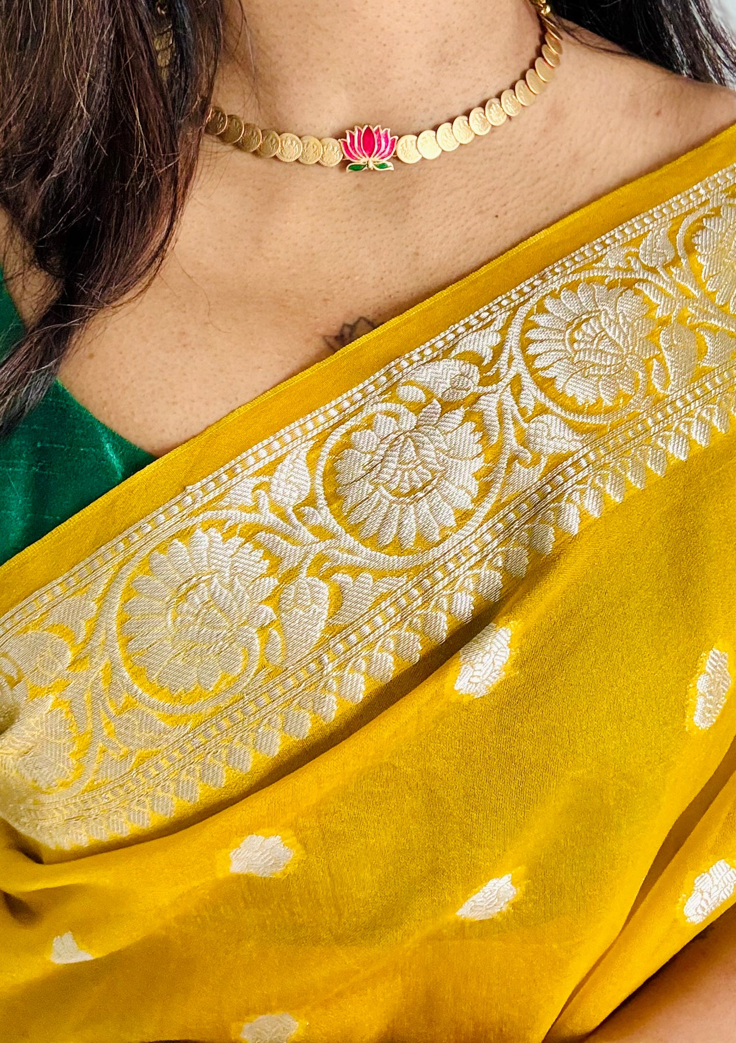 Coin neckpiece with hot pink lotus, with earrings - YCGPNP676