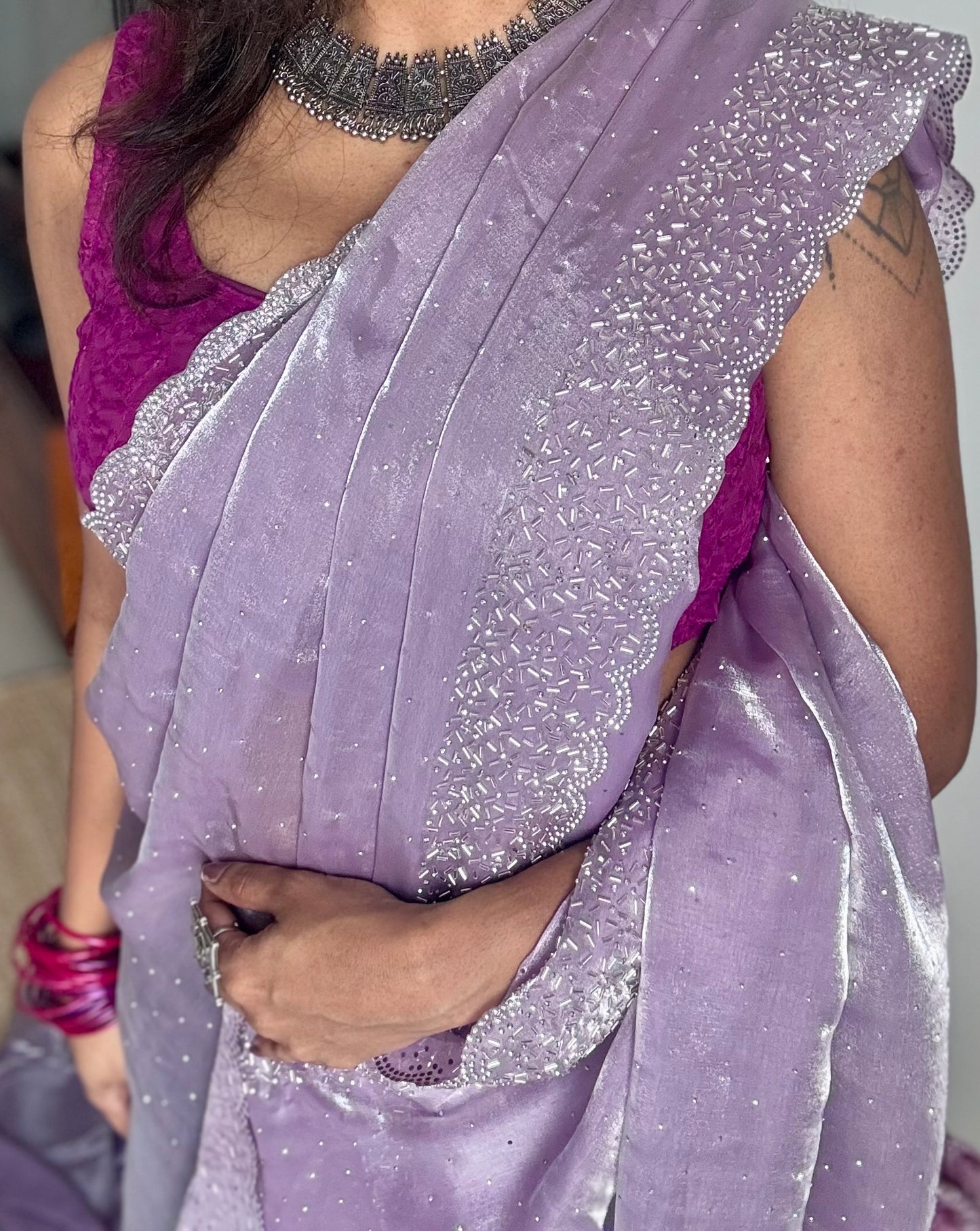 Lavender Drip - lavender metallic dual tone space silk, jarkhan stone work - YCDOSNO40