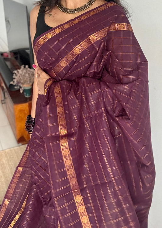 Purple brown adayar gold zari kattam, sungudi cotton - YCCOTNOCSC50