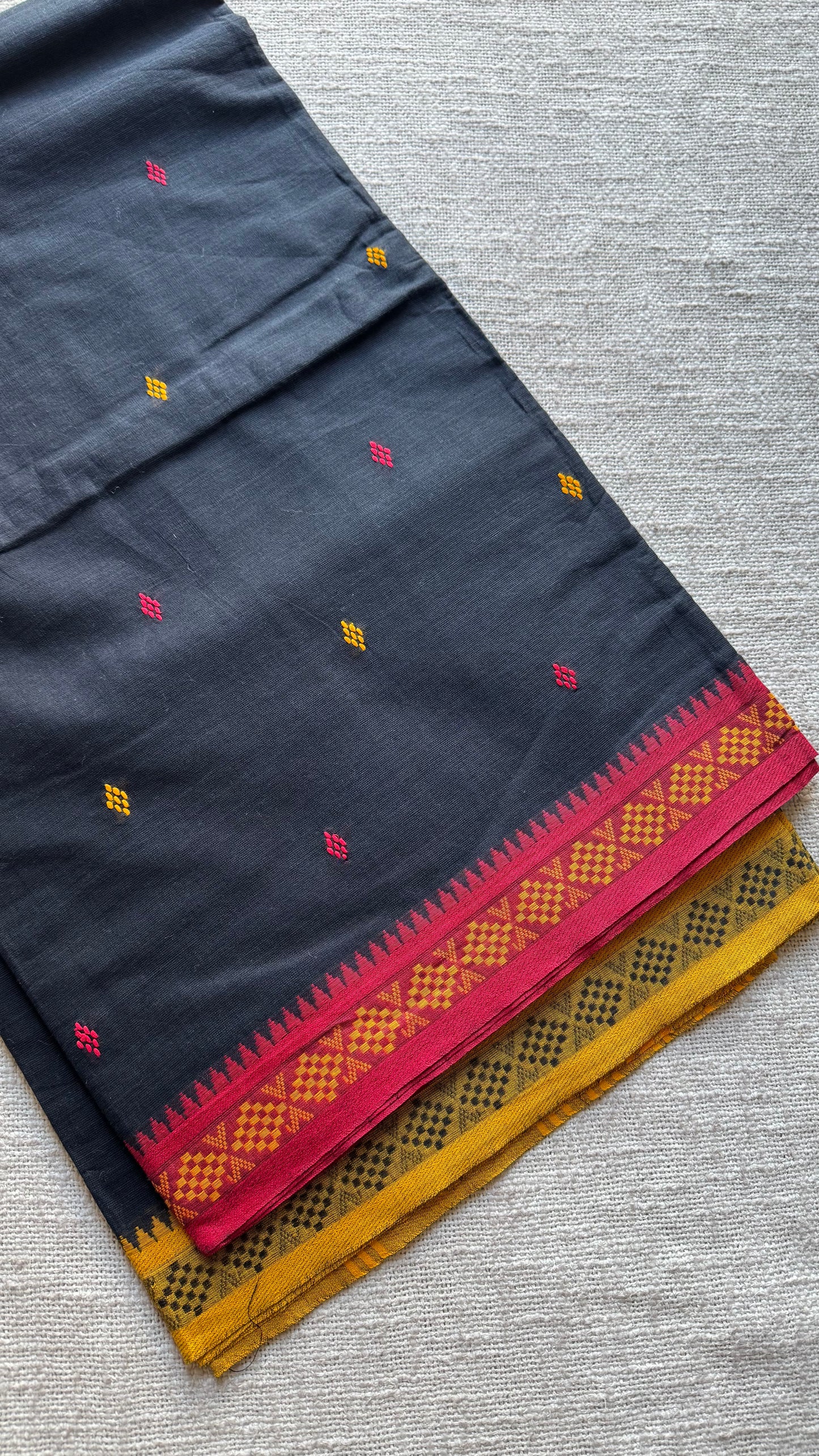 Dhonekhali handloom soft cotton saree, black with red and yellow woven buttas and border - YCBCDFE259