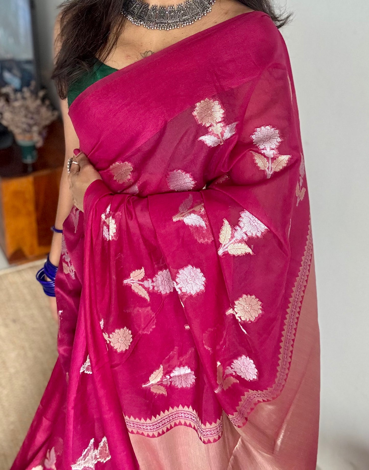 Ruby with gold and silver floral buttas, Banarasi semi-crepe silk - YCDESE52
