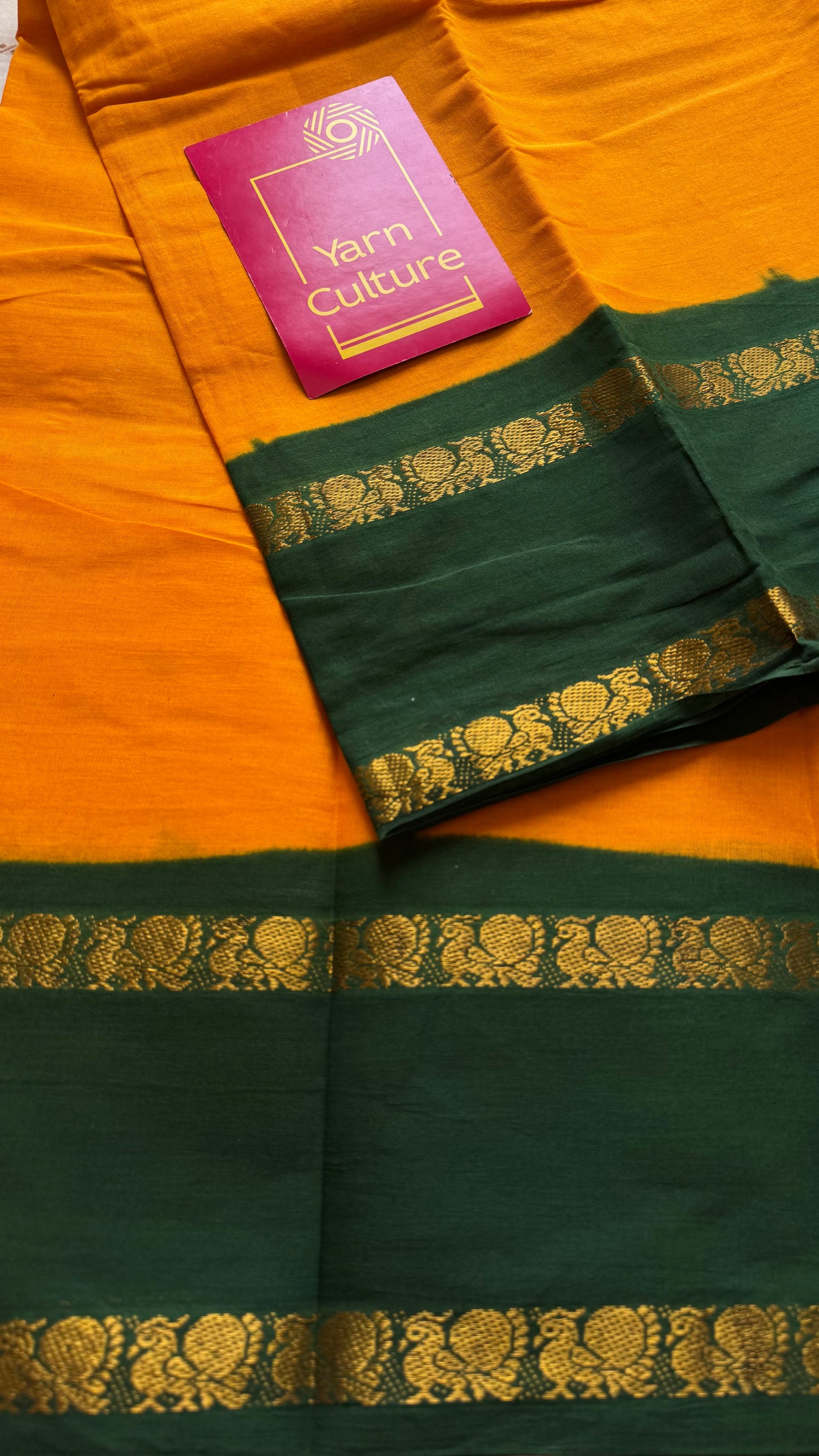 Yellow with green rettaipettu peacock double border, madurai soft cotton - YCCOTNMSAP206
