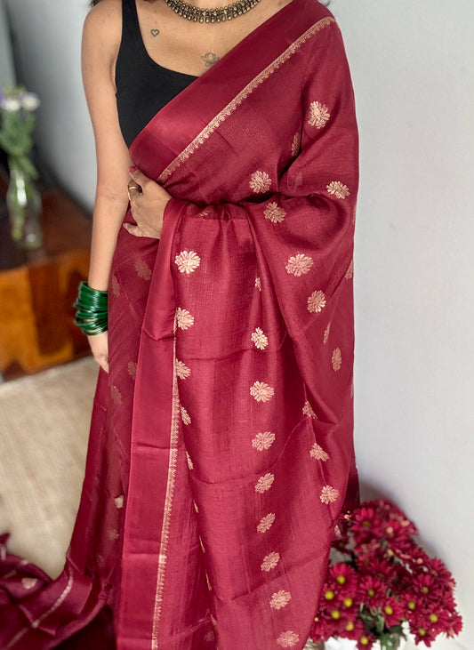 Deep maroon in khadi silk, zari motifs - YCDOSFE22