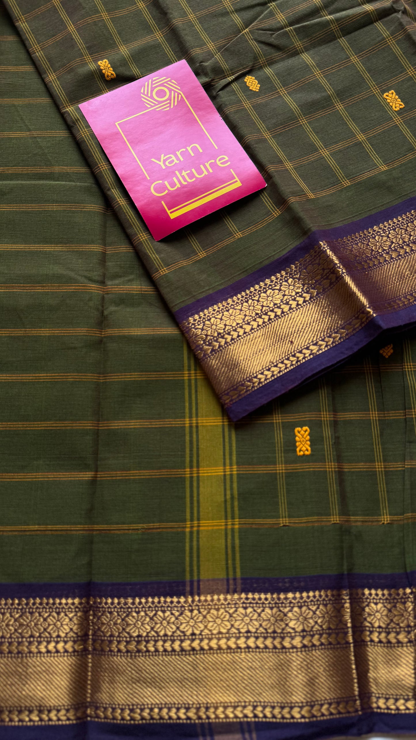 Dark green and purple contrast, checkered Chettinad cotton saree - YCCOTNMA265