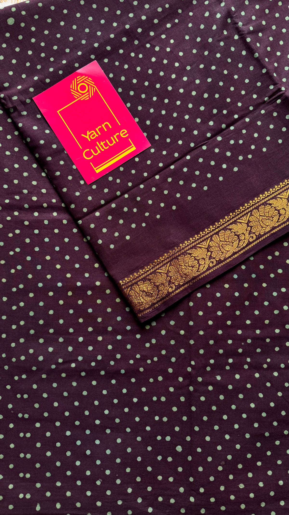 Purple brown sungudi dotted, single-side border, kattuchayam dyed madurai cotton saree - YCCOTNMSSE06