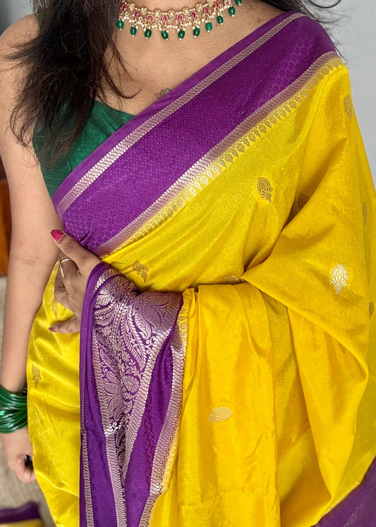 Yellow with purple border, Banarasi semi-silk - YCDESE03