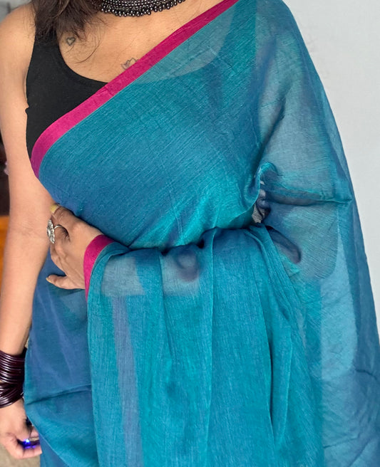 Peacock blue with dark pink border mul cotton saree - YCBCMCFE225