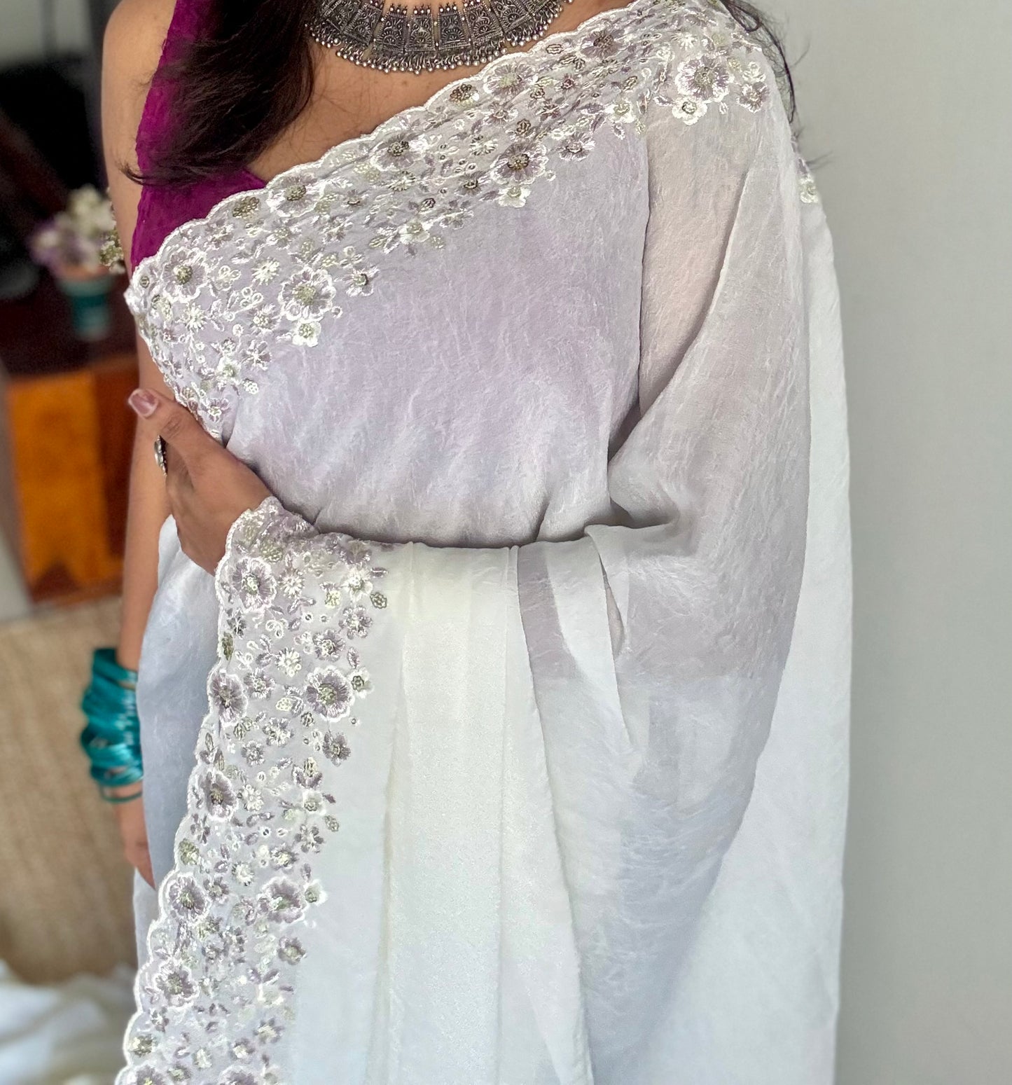 White Whimsy - white with floral sequins embroidered borders, semi-crepe- YCDOSNO48