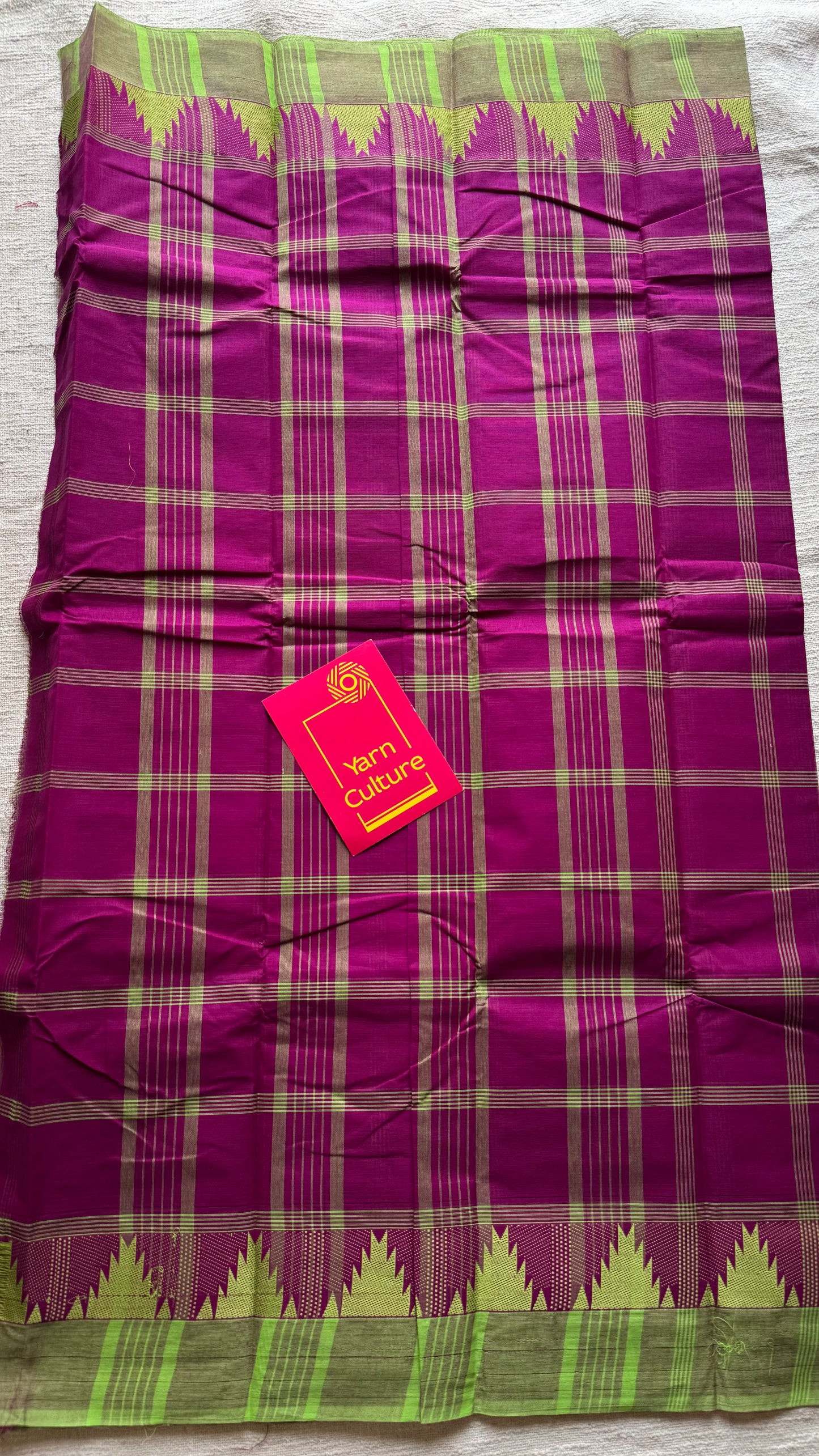 Chettinad cotton saree with magenta and lime green checks, temple motif border - YCCOTNAP69
