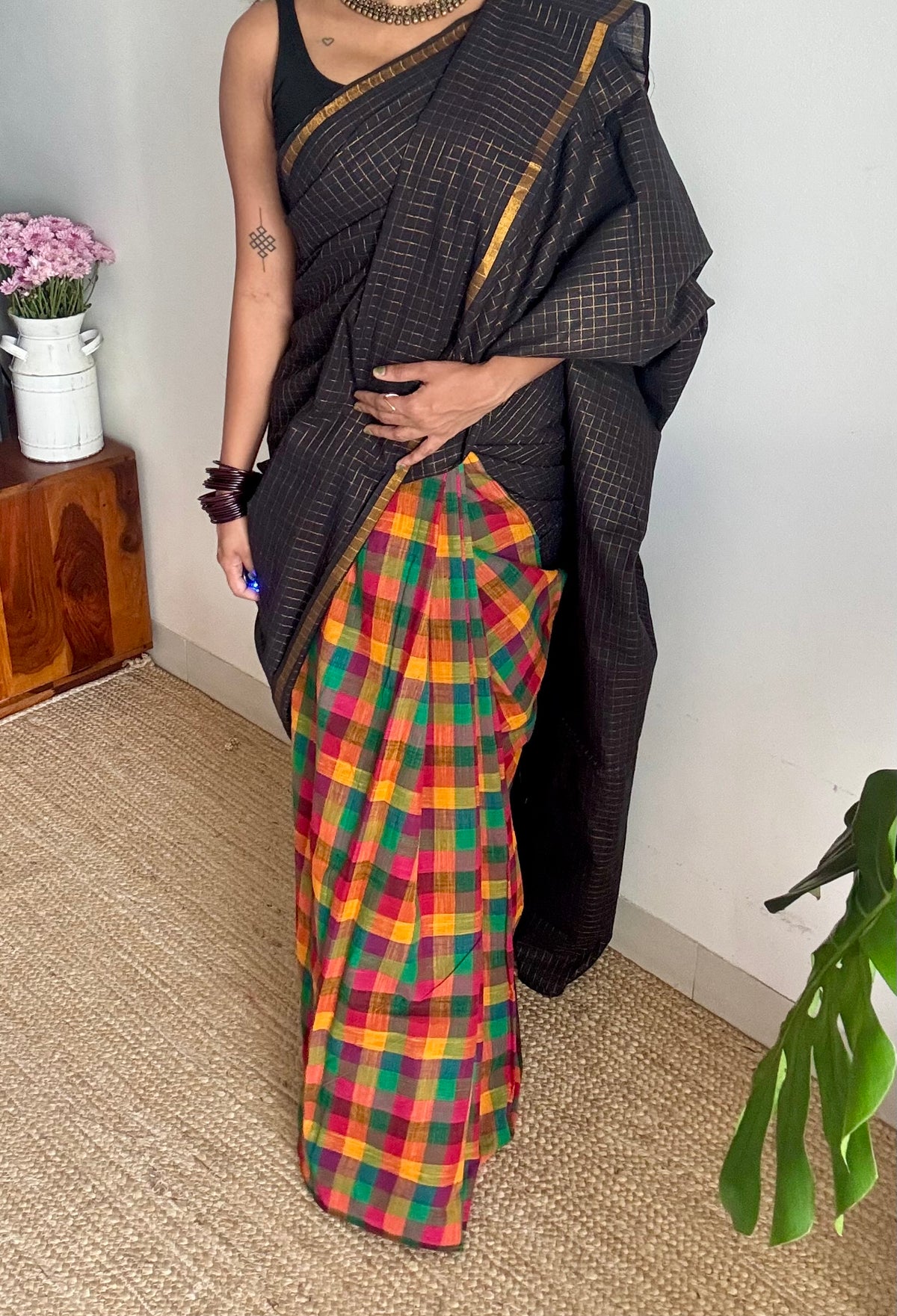 Black with multicoloured mini madras checks, cotton half and half saree - YCCOTNIDOC168