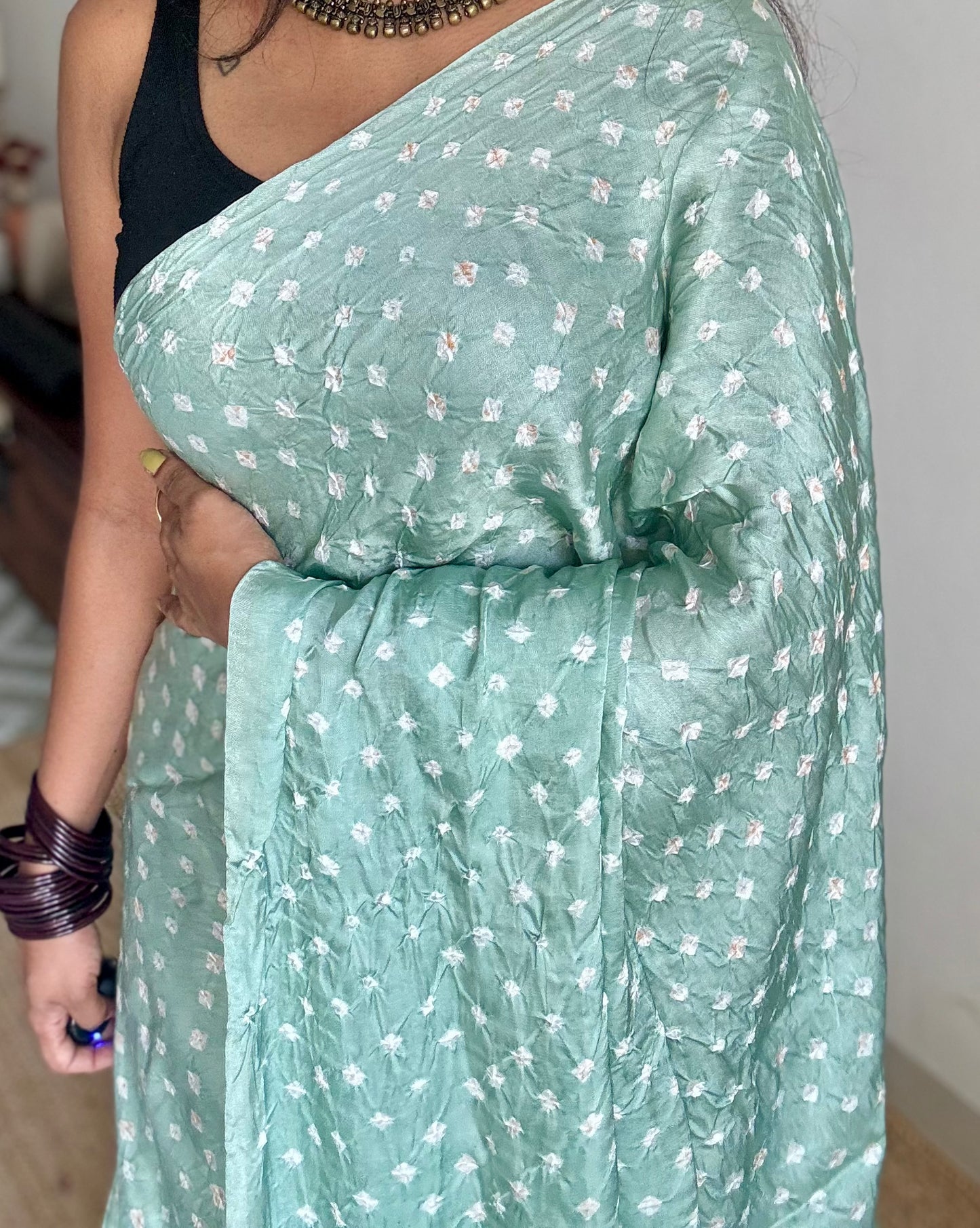 Pastel mint blue, crushed bandhej pure modal silk saree with lagdi patta zari pallu - YCTOKBM333
