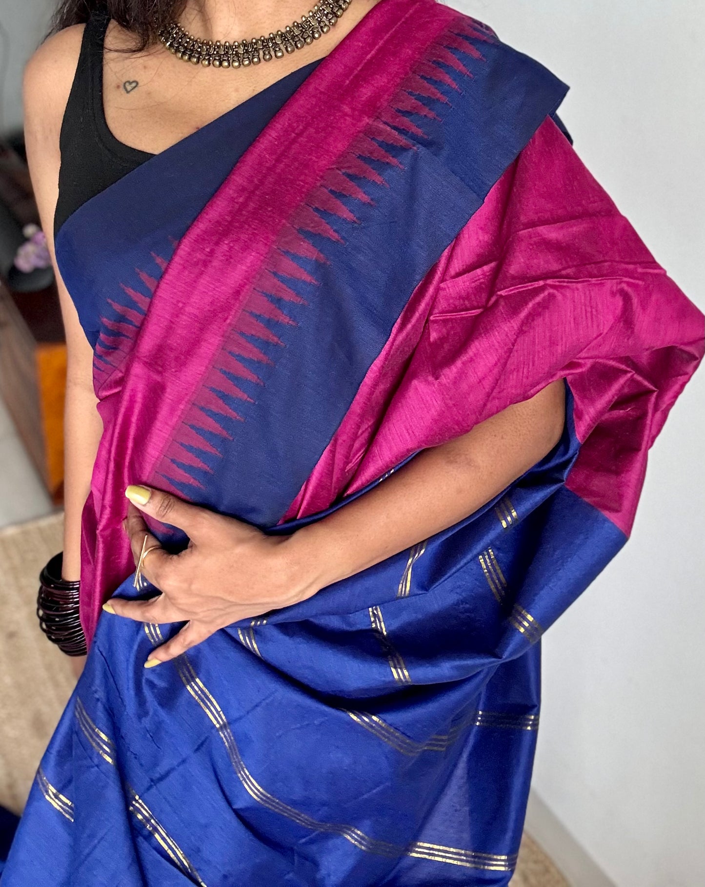 Magenta with blue contrast, temple border saree, cotton silk - YCCOTNTBFE62