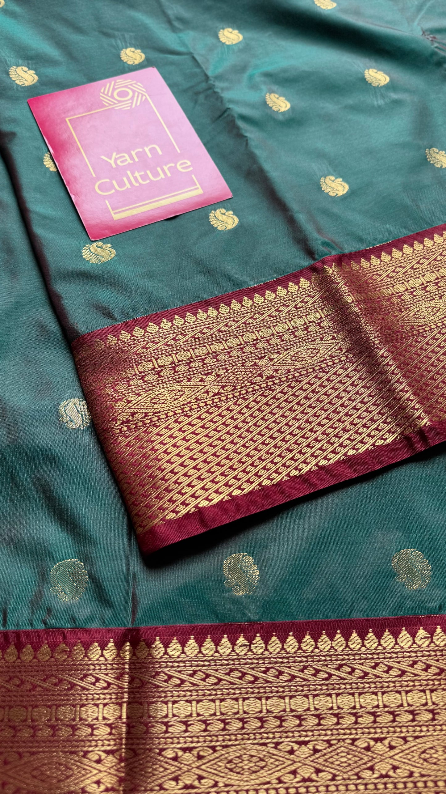 Harini - Emerald green with maroon, handloom korvai semi silk - YCCOTNFEJUKS07