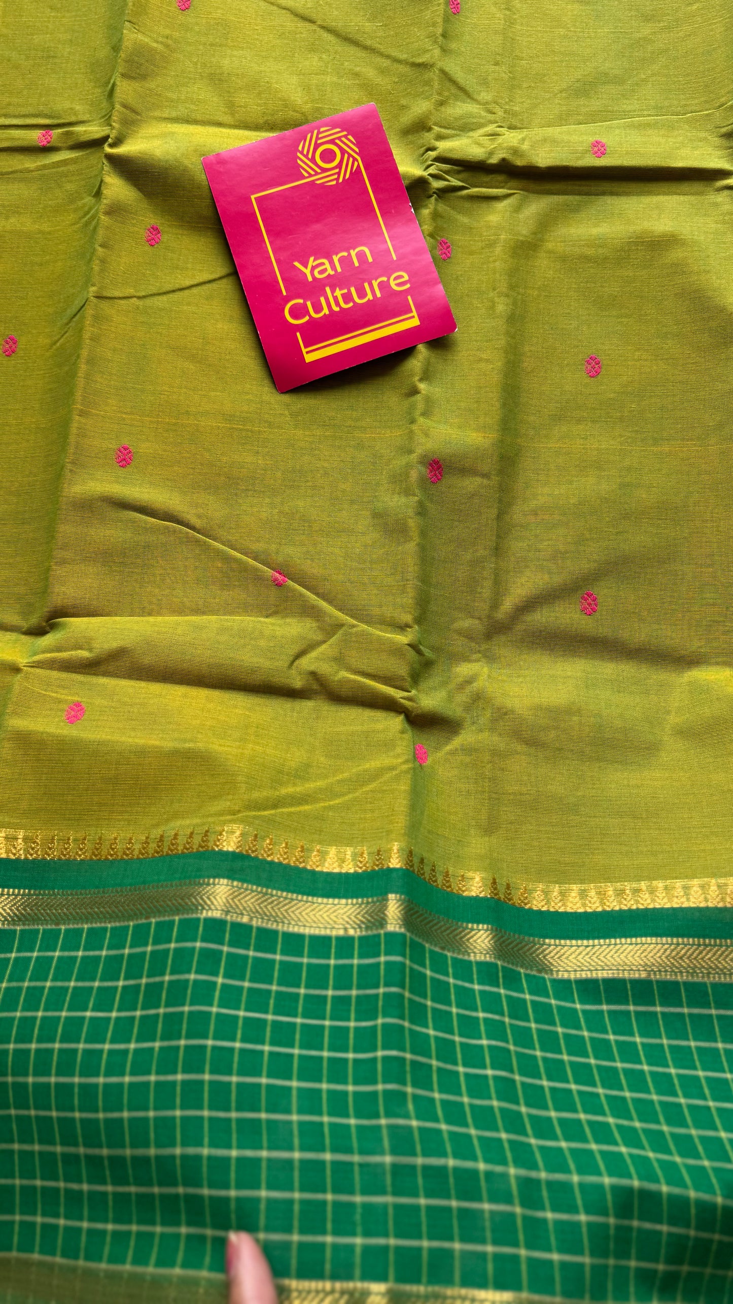 Light green and dark green contrast, Chettinad cotton saree with checkered border - YCCOTNMA274