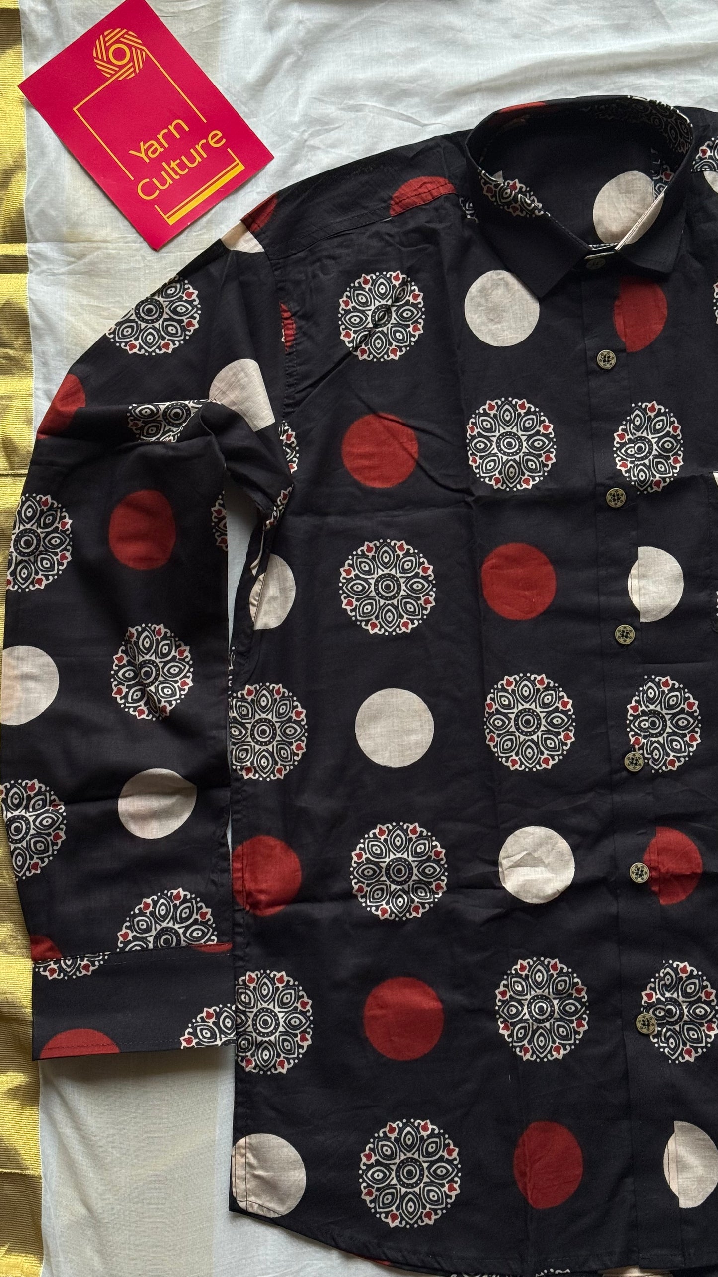 Black Red & White Ajrakh Block Printed Cotton Men's Full Sleeve Collared Shirt - YCMSEIE199