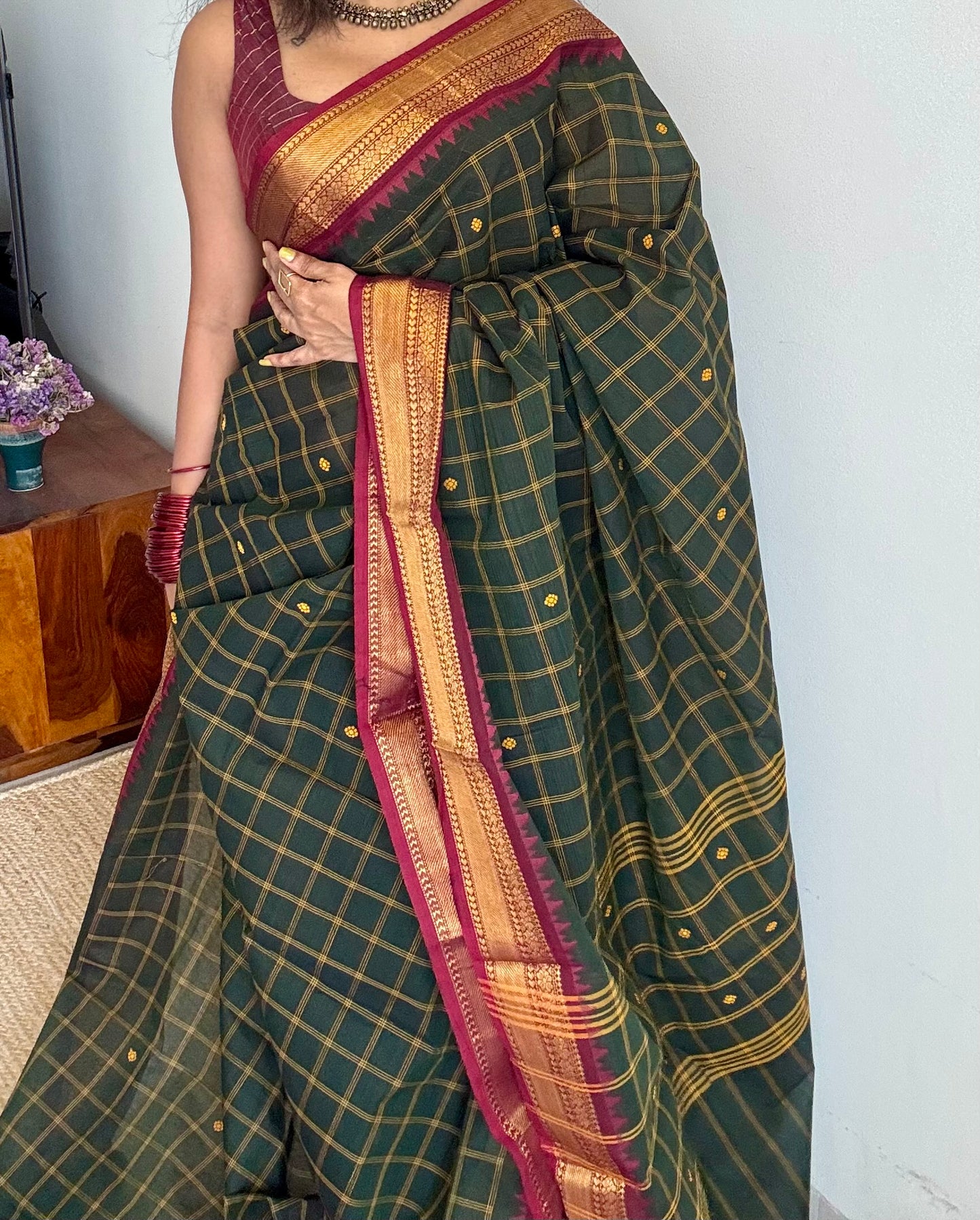 Dark green Kanchi cotton saree with striped checks, woven buttas and maroon zari border - YCCOTNCCFE159