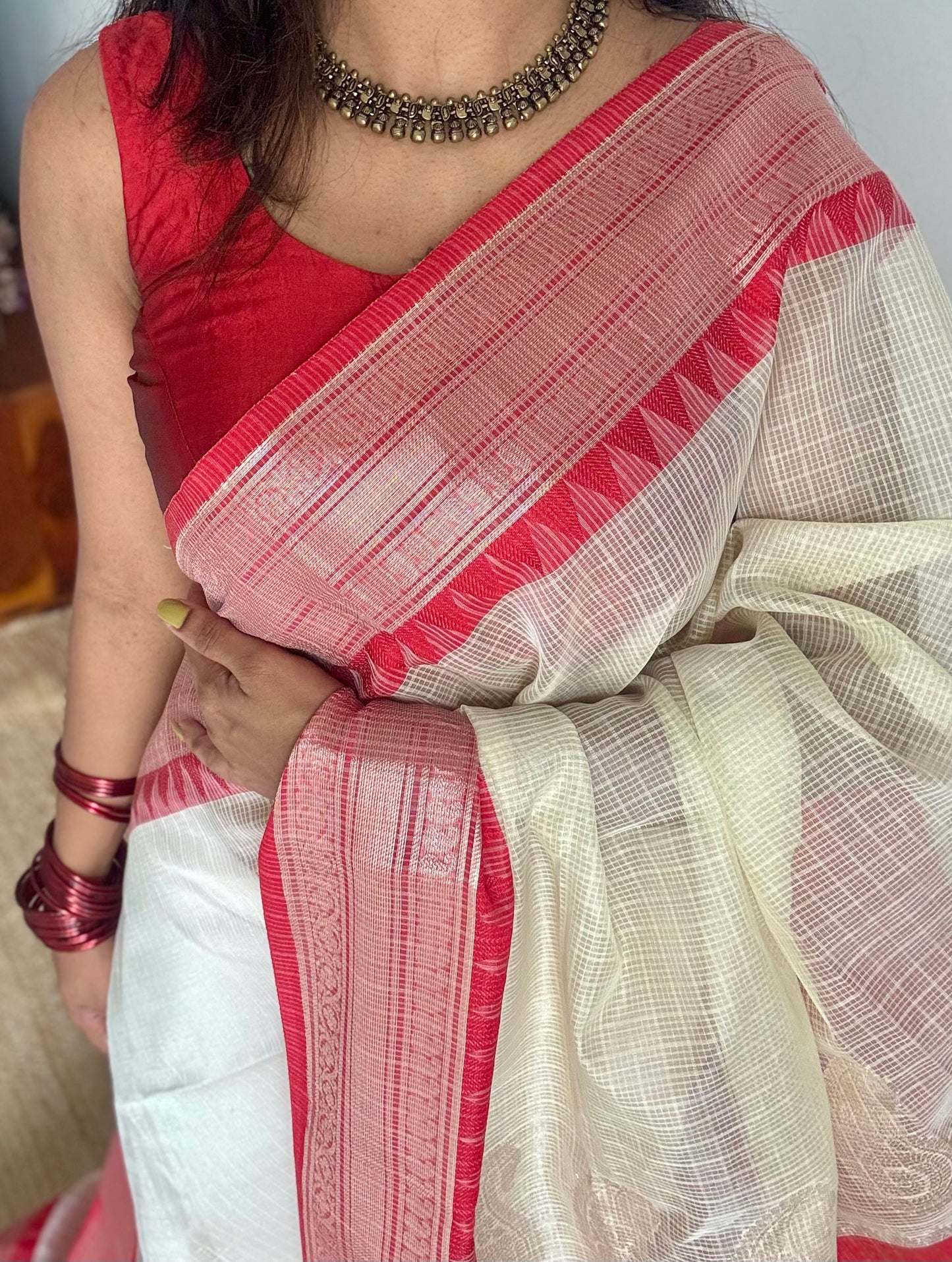 Cream with red contrast borders, kota doria with zari - YCBCDP15