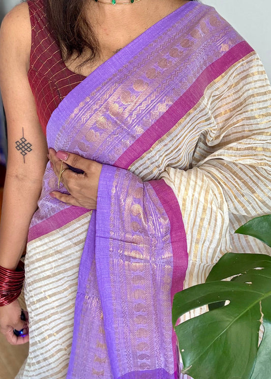 Ivory mul saree, purple and gold - YCIEON33