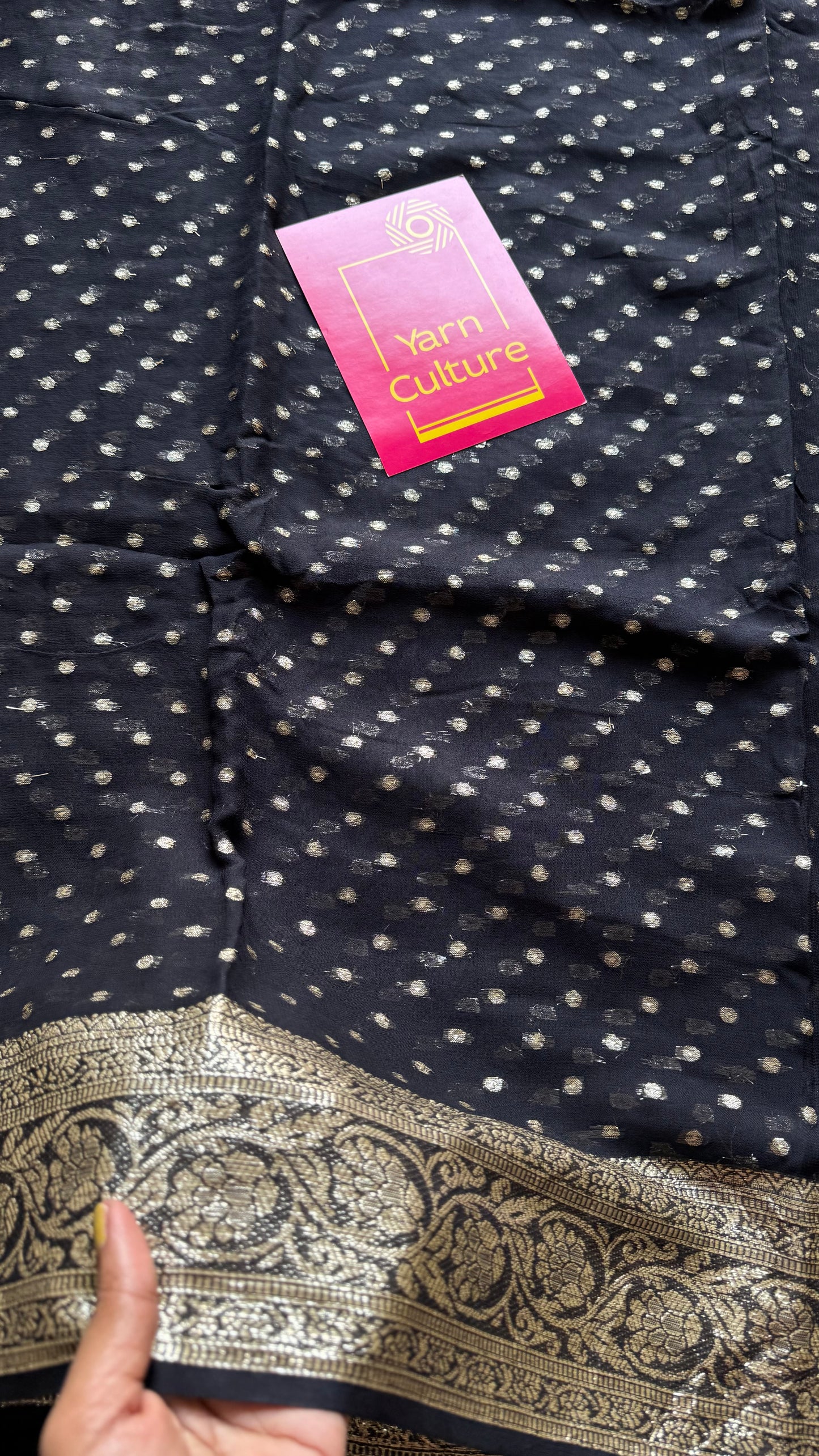 Black viscose georgette saree with zari motifs - YCDOSFE206