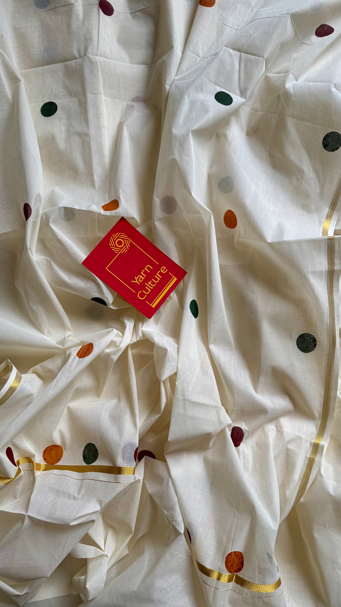 Ivory and gold soft cotton thin border kasavu saree, maroon, green and mustard polka - YCIEON74