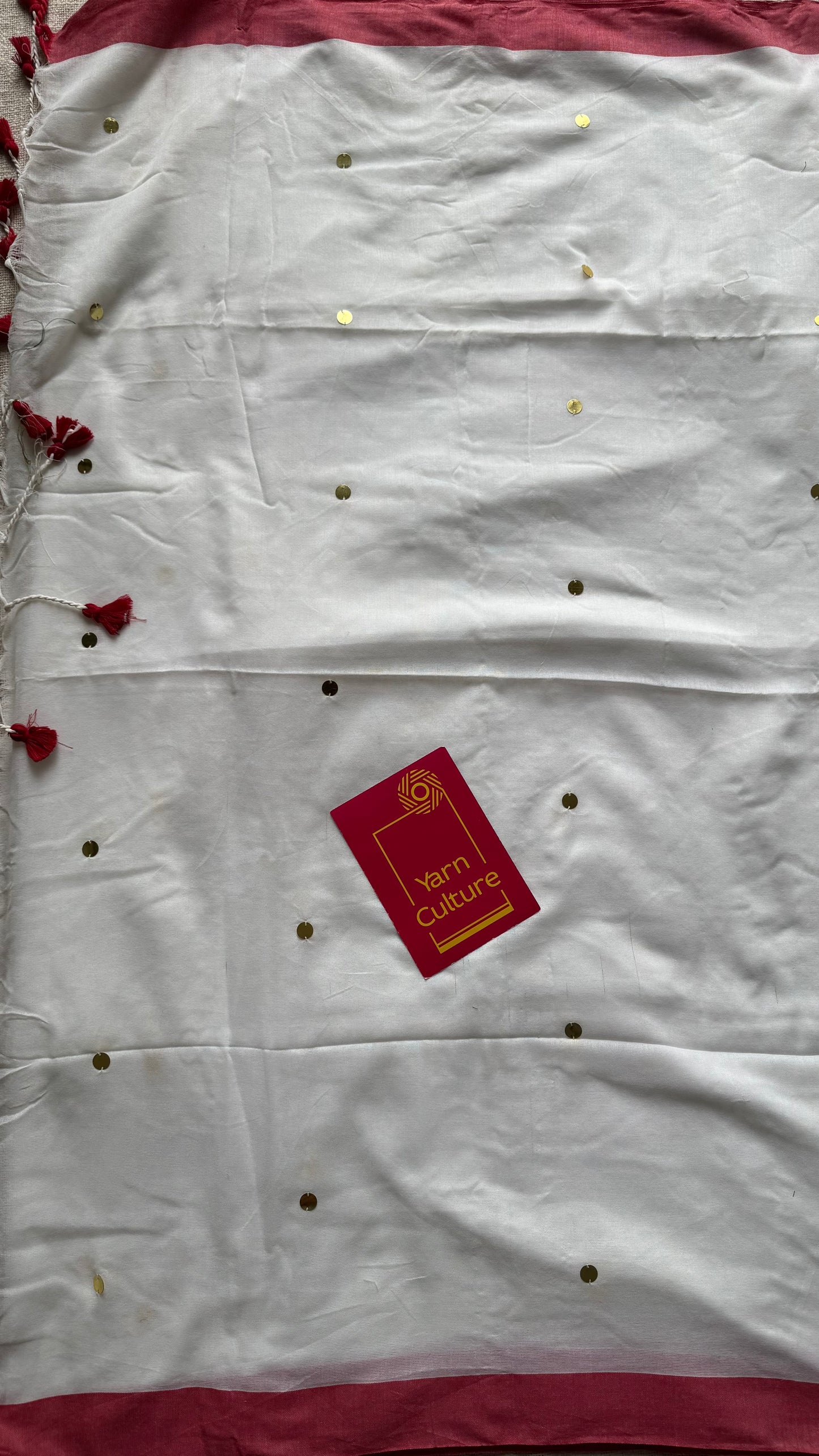 White with red border, gini sequins, soft cotton - YCBCDP06