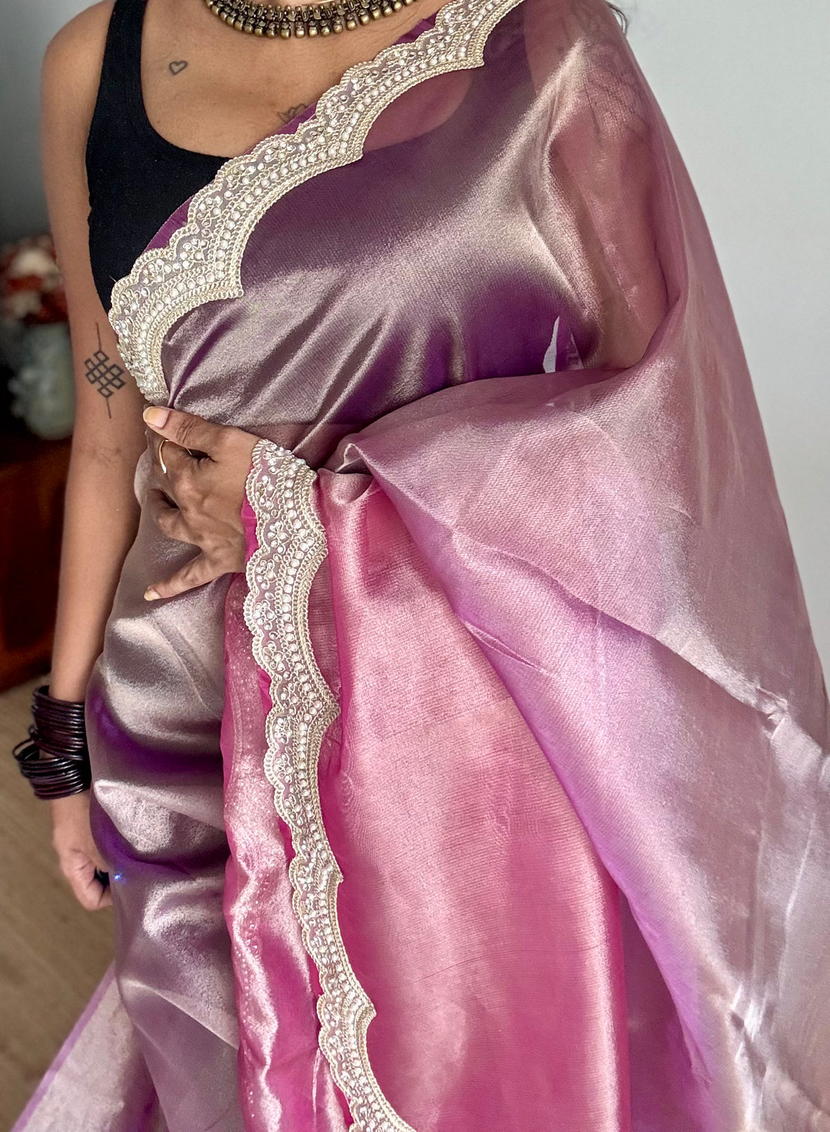Pink and purple tissue Banarasi saree with embellished pearl lace border - YCBLTOC74