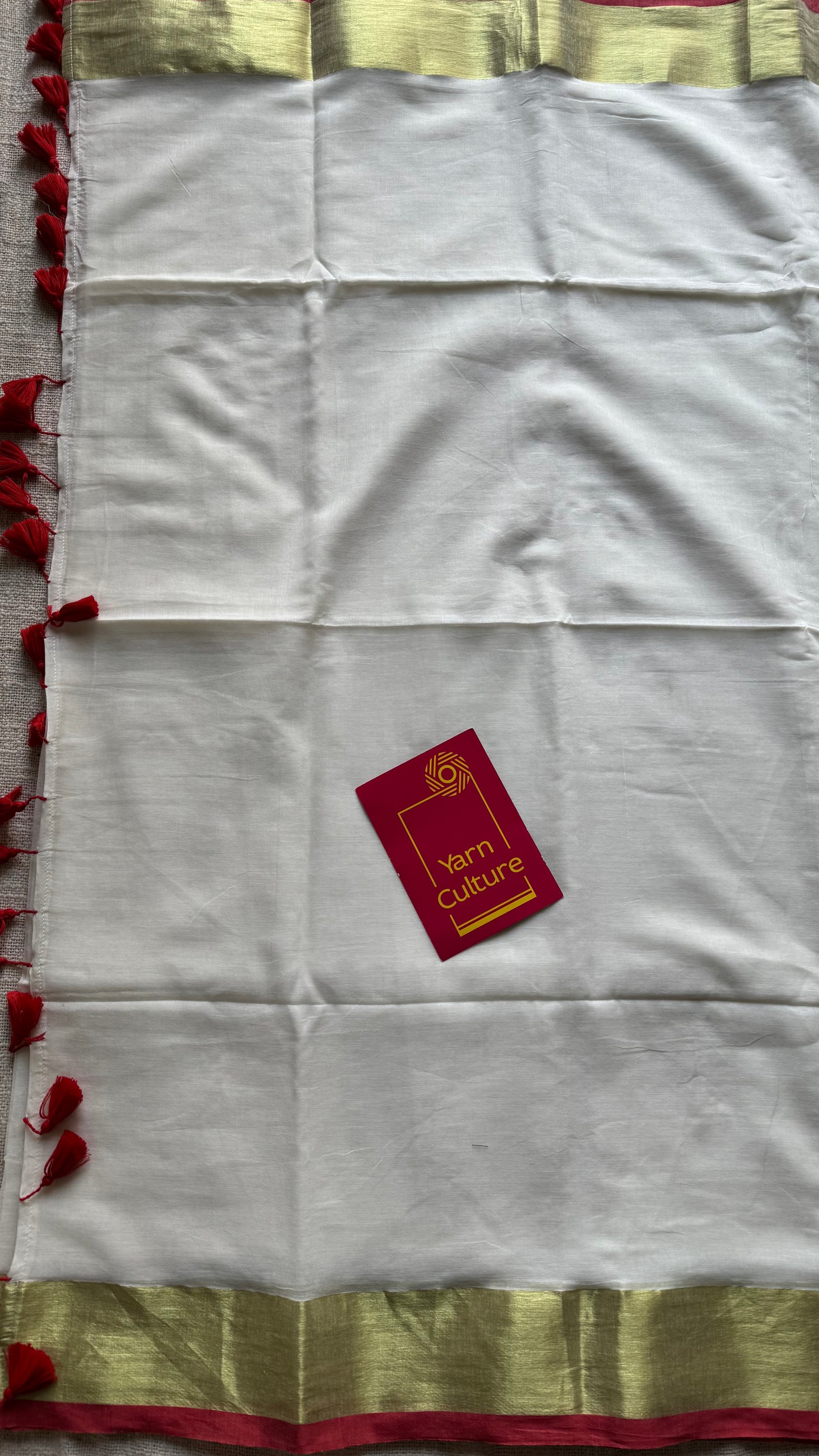 Ivory mul saree with red gold zari border  - YCBCMCFE291